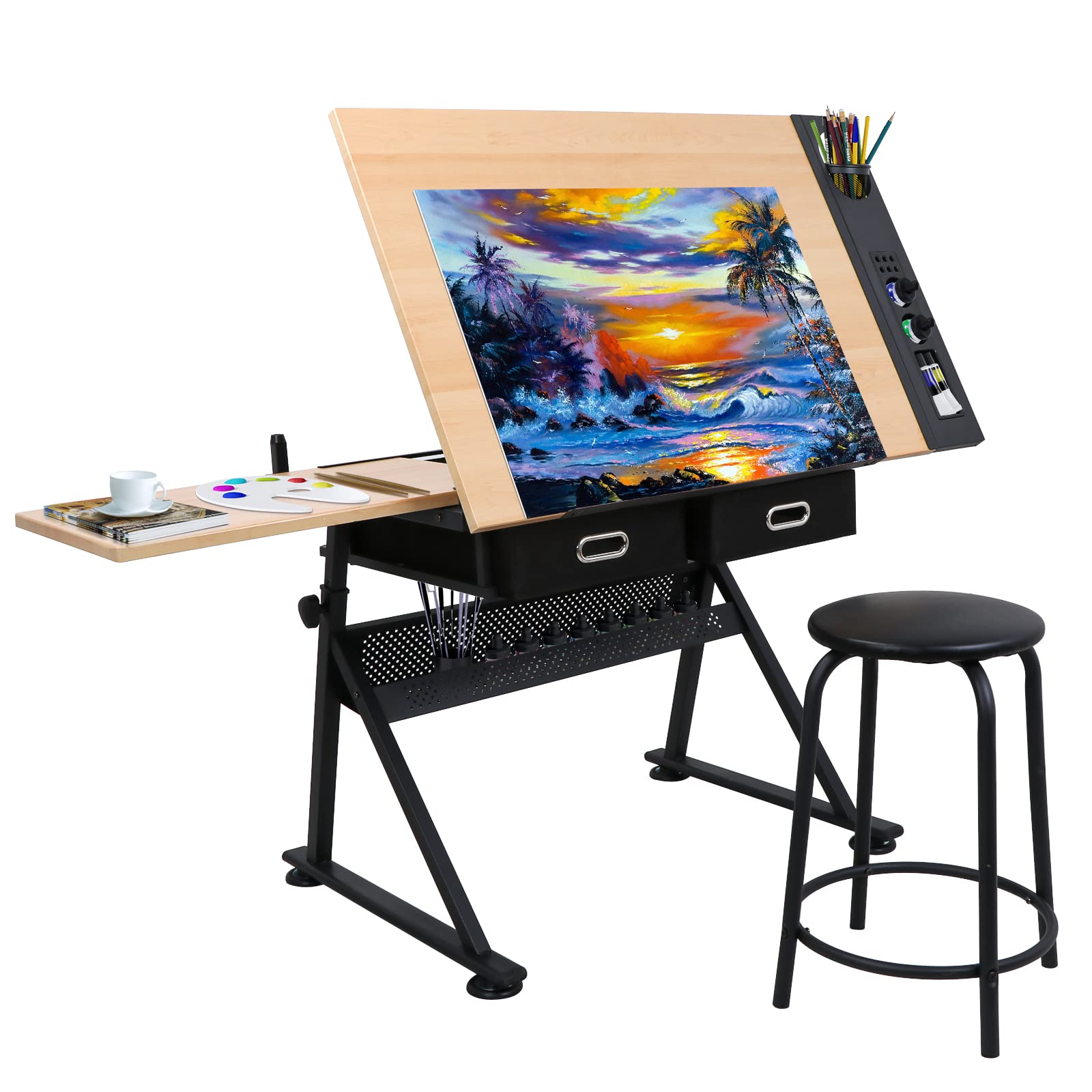 ZENY Drafting Table Art Desk Drawing Table Height Adjustable Artist Table Tilted Tabletop w/Drafting Stool and Storage Drawer fo