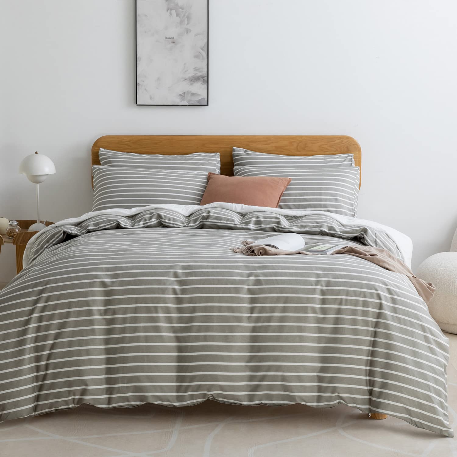 JELLYMONI King Duvet Cover Set, Cotton Duvet Cover 3 Pieces with Zipper Closure, 1 Duvet Cover and 2 Pillowcases(Gray with White