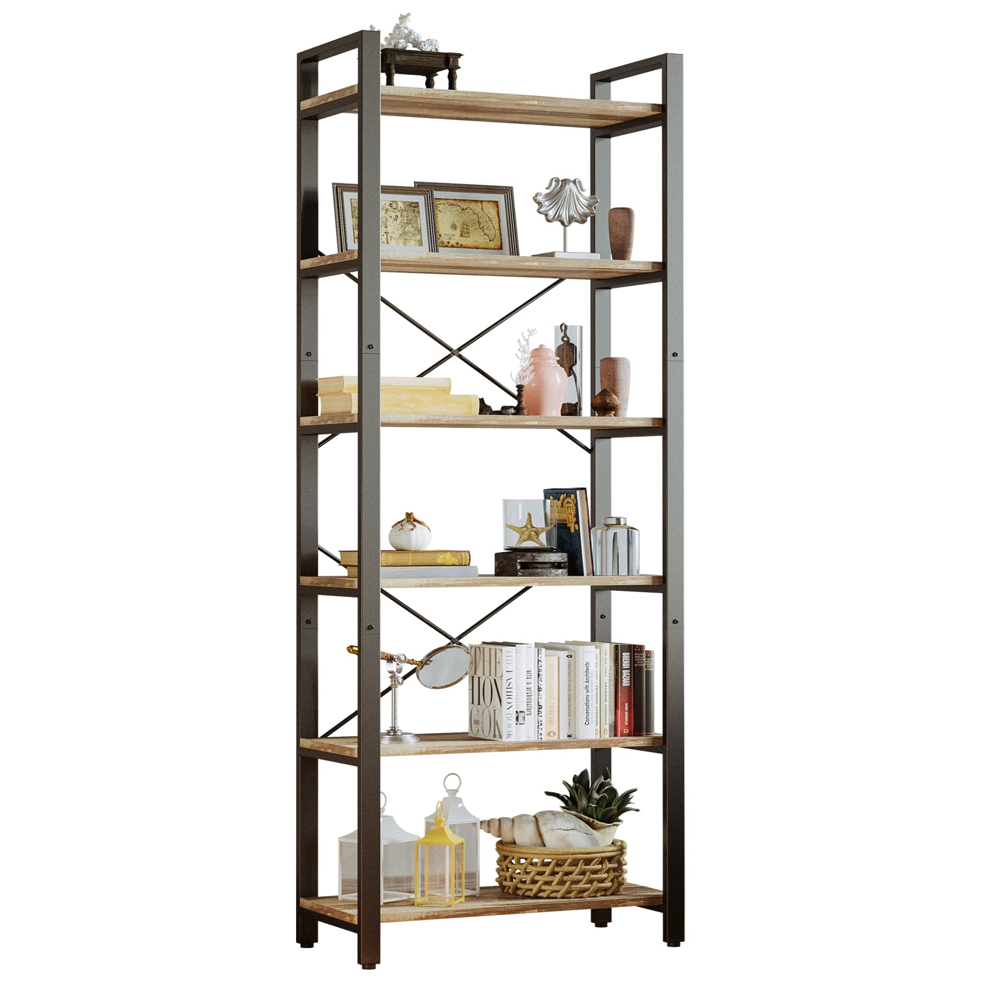 IRONCK Bookshelf 6-Tier Ladder Shelf 110lbs/shelf Display Shelf Vintage Industrial Style Bookcase for Home Office, Living Room