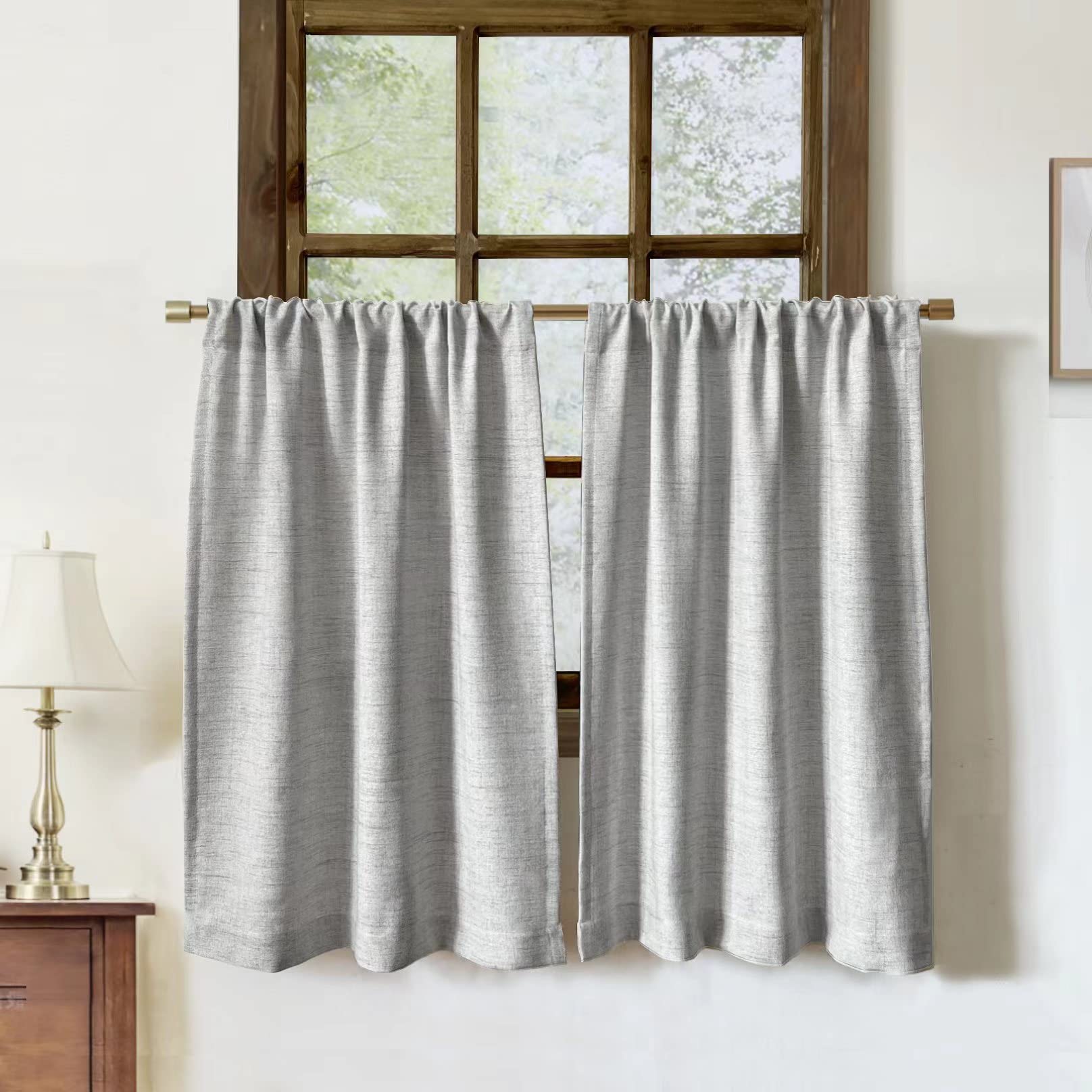 Faux Linen Kitchen Curtains 36 Inch Length Cafe Curtain Tiers for Living Room Basement Bathroom Windows Country Rustic Small Sho