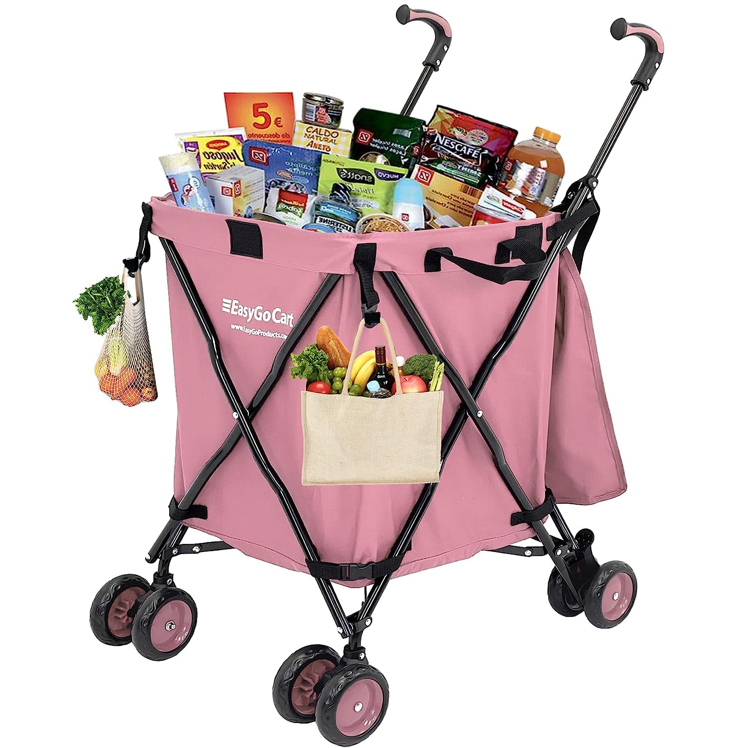 EasyGo Rolling Cart Folding Grocery Shopping Cart Laundry Bag with Wheels, Removable Canvas, 120lb Capacity, Basic Pink