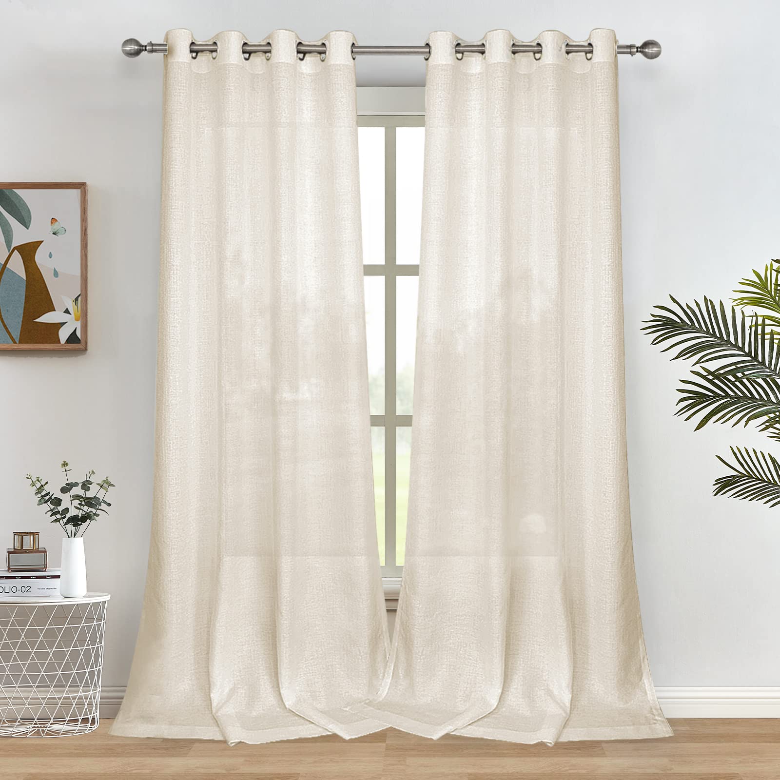 Melodieux Natural Beige Semi Sheer Curtains 84 Inches Long for Living Room Bedroom Flax Linen Grommet Voile Drapes, 52 by 84 Inc