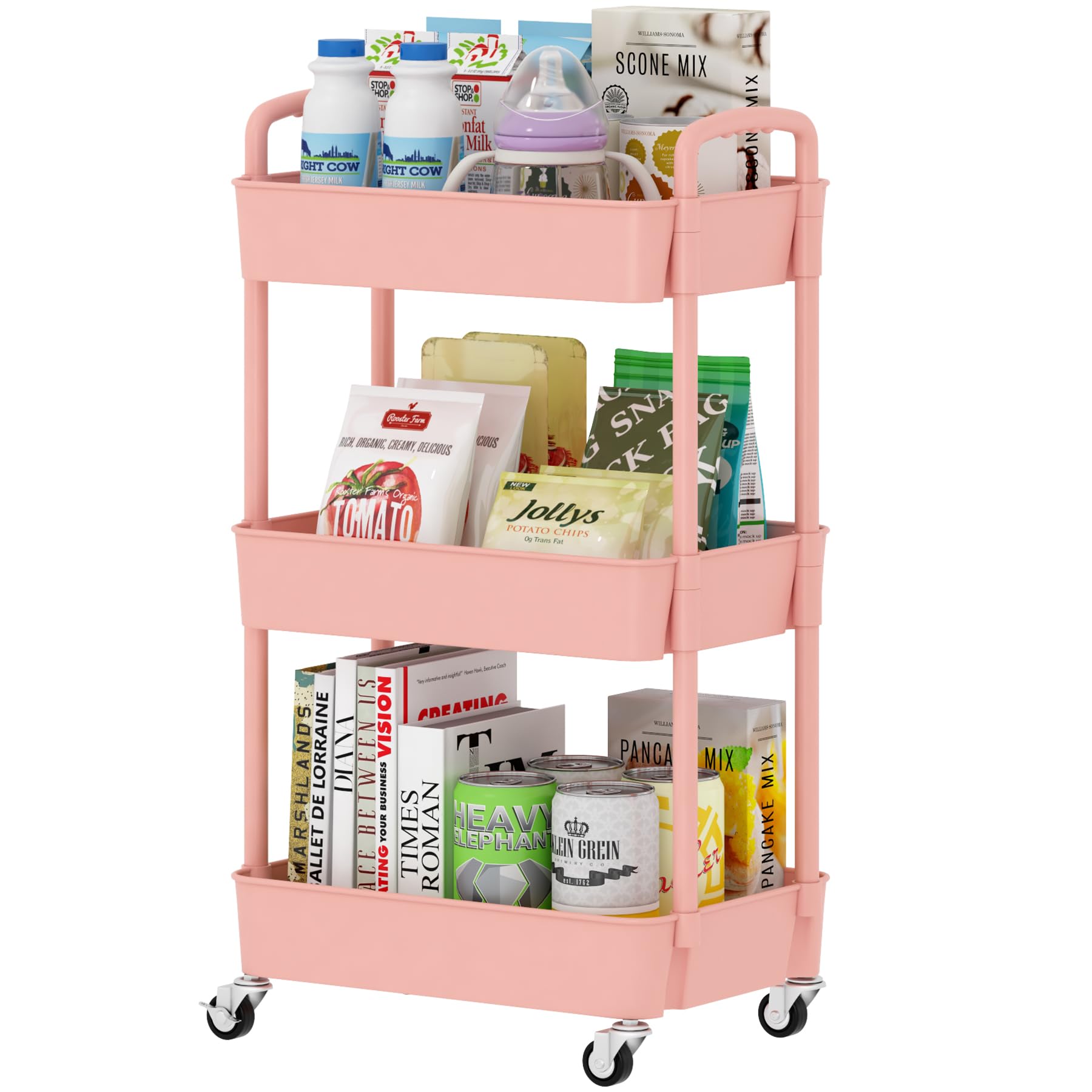 Sywhitta 3-Tier Plastic Rolling Utility Cart with Handle, Multi-Functional Storage Trolley for Office, Living Room, Kitchen, Mov