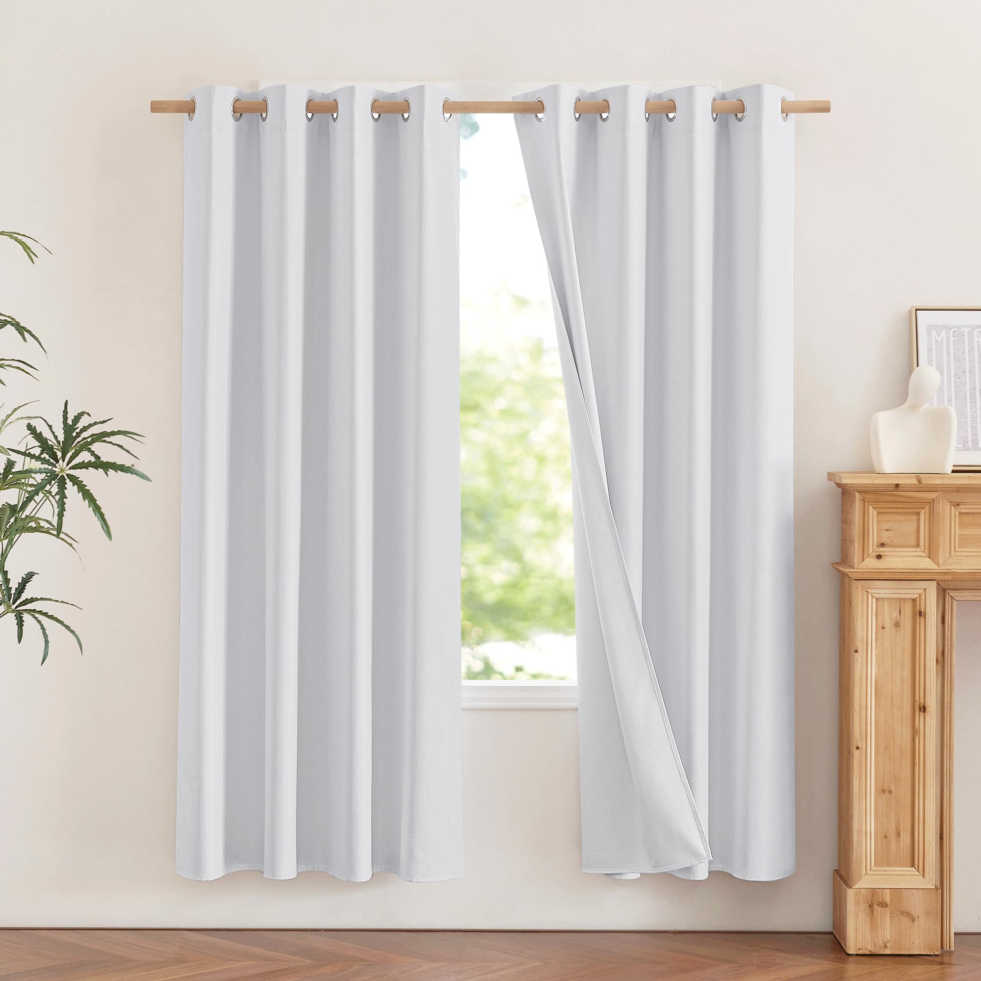 NICETOWN 100% Absolutely Blackout Linen Curtains with Thermal Insulated White Liner, White, 52 inches Wide, 72 inches Length Ene