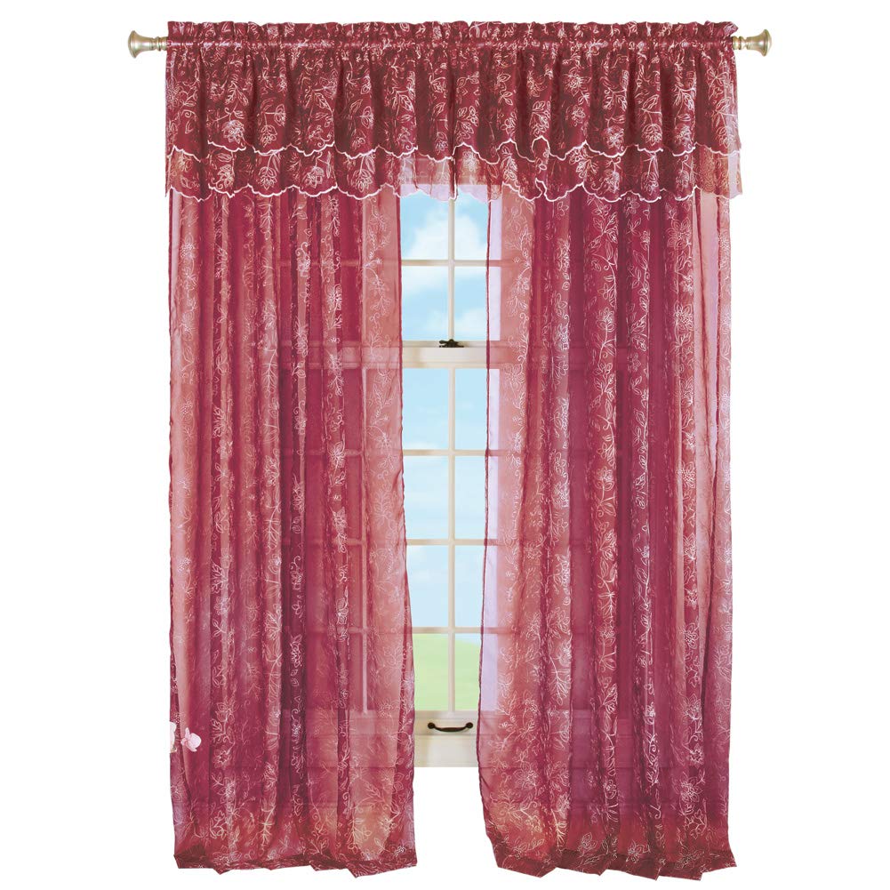 Stylemaster Renaissance Home Fashion Reese Embroidered Sheer Rod Pocket Panel, 55-Inch by 84-Inch, Crimson