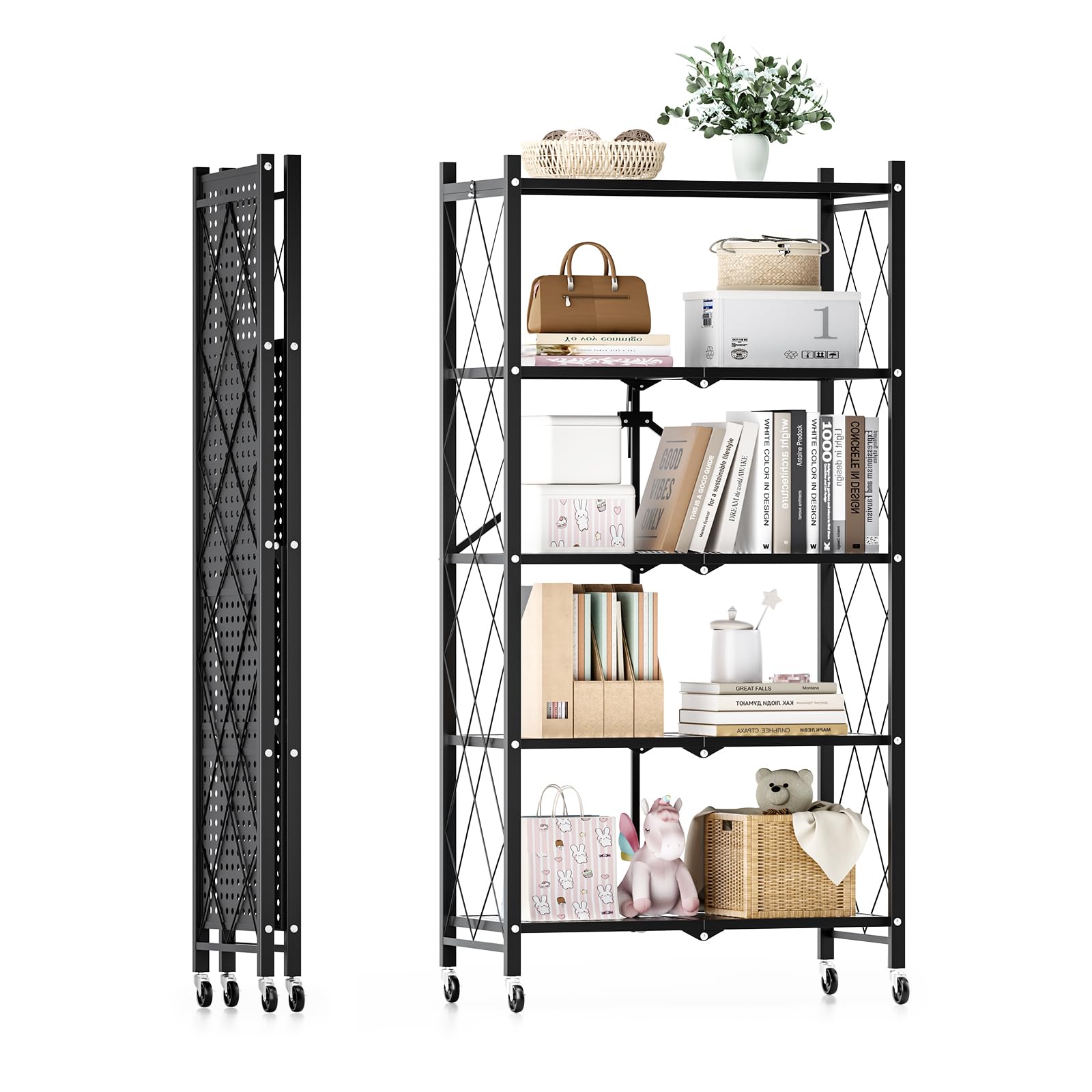 HealSmart Heavy Duty 5-Tier Foldable Metal Rack, 27.95 D x 13.39 W x 61.81 H Storage Shelving Unit 220 Lb with Wheels Moving Org
