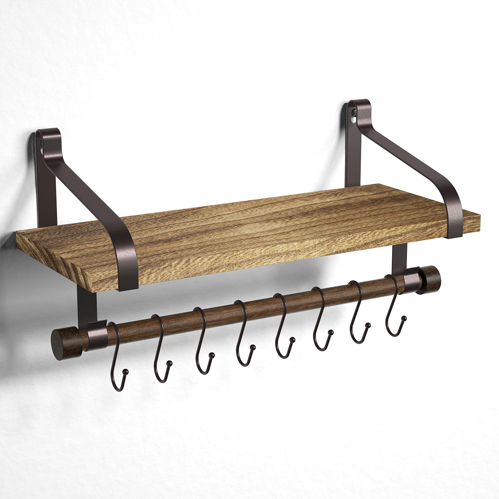 Love-KANKEI Floating Shelf Wall Shelf for Storage Rustic Wood Kitchen Spice Rack with Towel Bar and 8 Removable Hooks for Organi