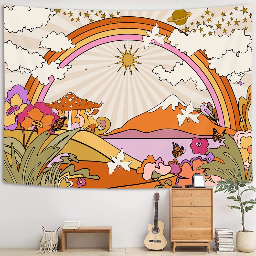 TOMOZ Vintage 70s 60s Groovy Tapestry, Retro Flowers Clouds Sun and Rainbow Tapestry Wall Hanging, Orange Boho Hippie Psychedeli