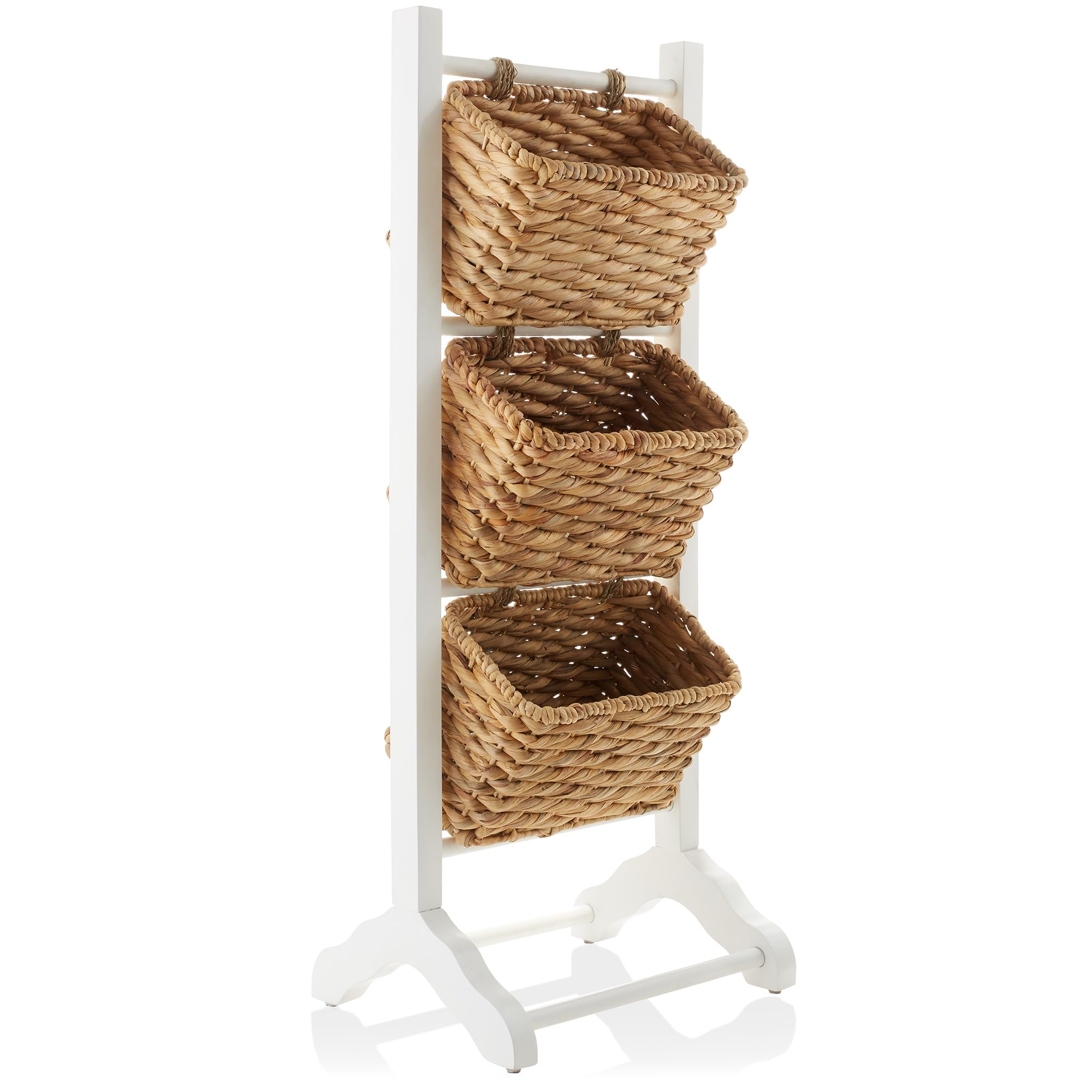Casafield 3-Tier Floor Stand with Water Hyacinth Storage Baskets, White/Natural - Standing Organizer Rack for Bathroom, Kitchen,
