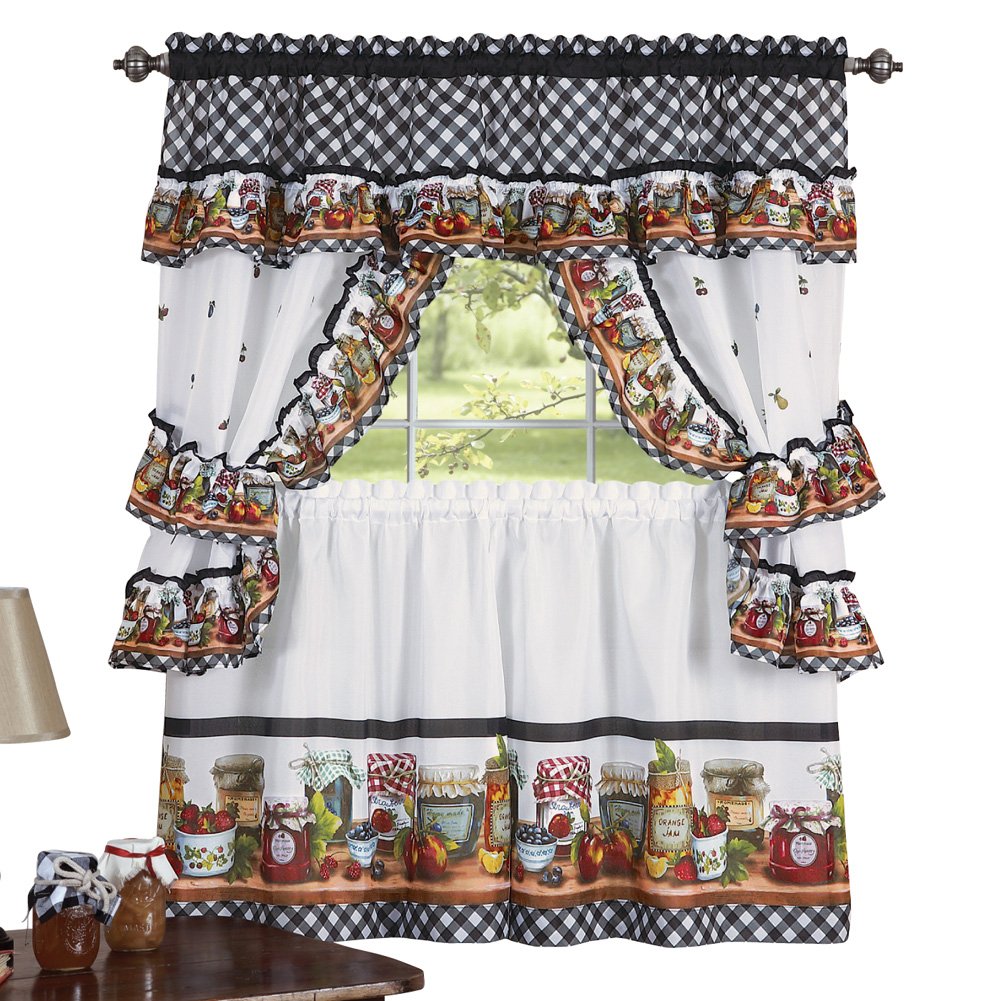 Collections Etc Mason Jars Kitchen Rod Pocket Window Curtain Set, Brown, 57 X 36