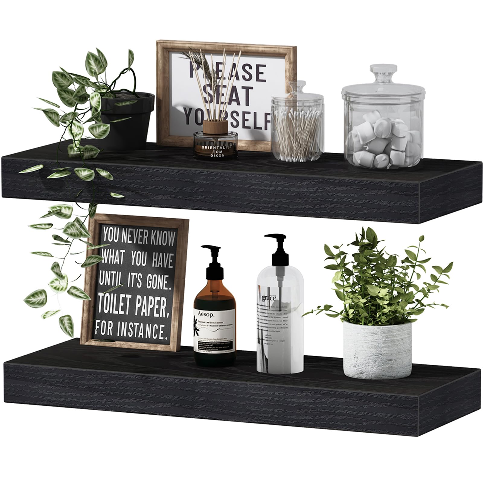 QEEIG Floating Shelves for Wall Bathroom Shelf Bedroom Kitchen Farmhouse Small Book Shelf 16 inch Set of 2, Black (015-B2)