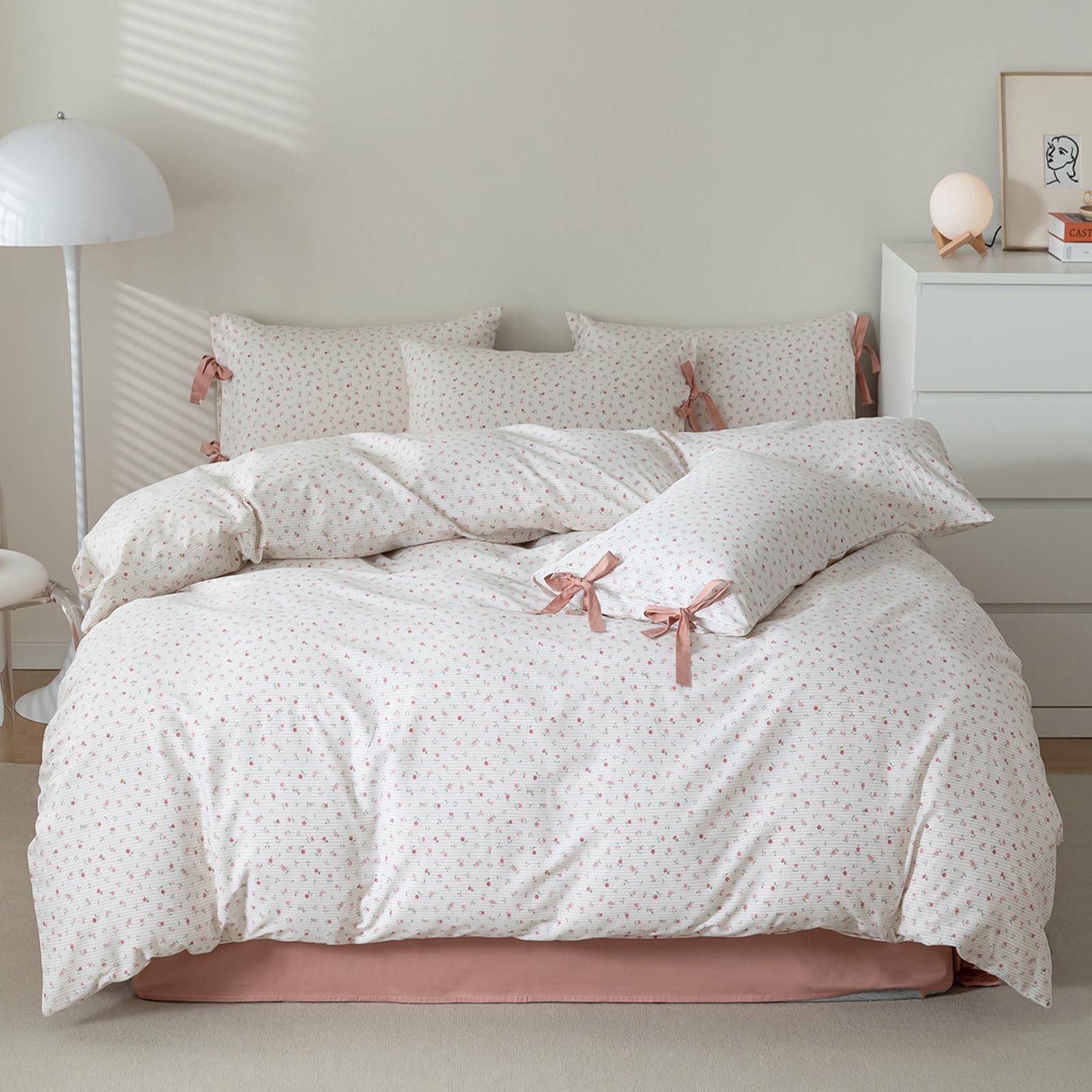 HighBuy Girl Duvet Cover Twin Botanical Flower Coquette Bedding Set Vintage Style Garden Floral Duvet Cover Twin with 2 Bowknot 
