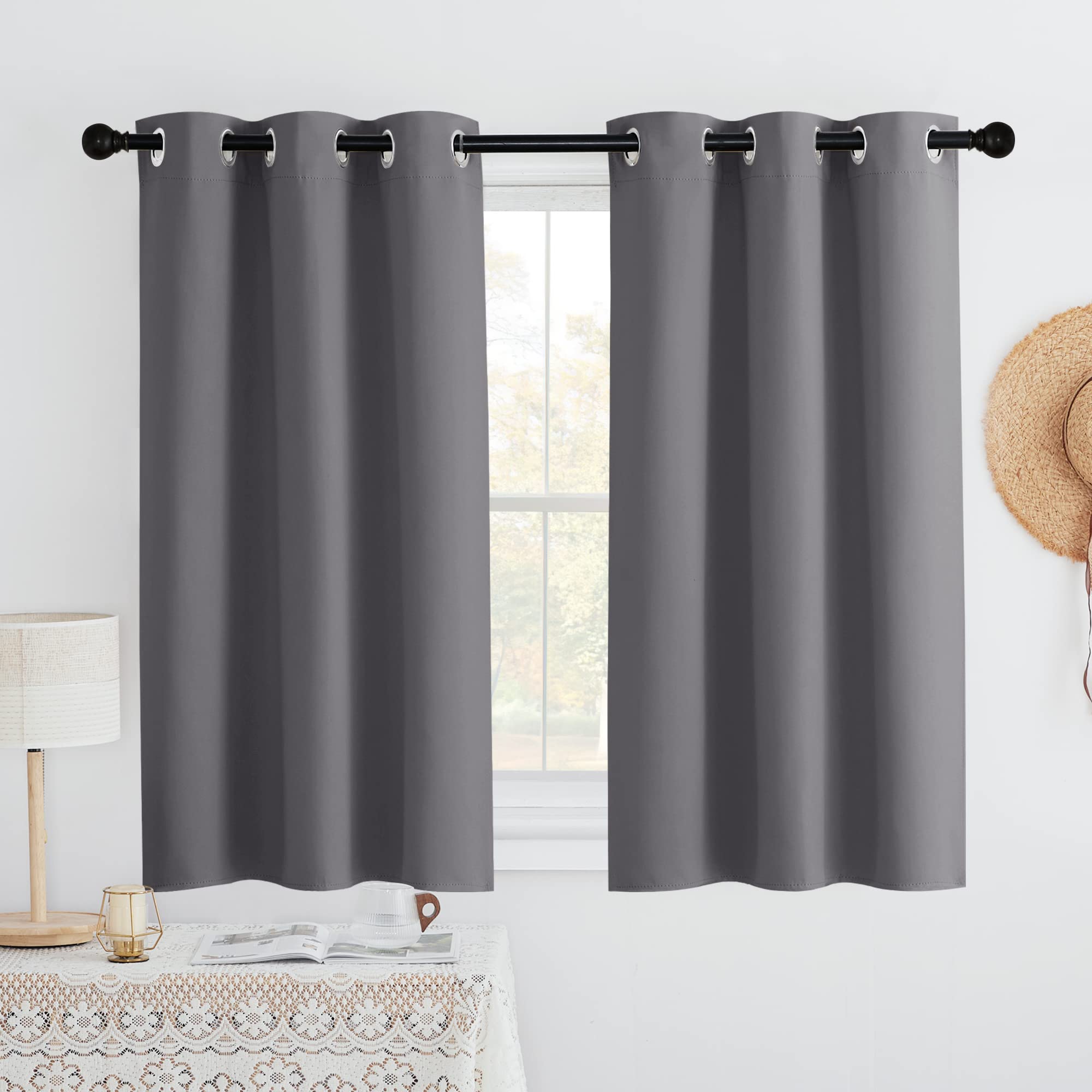PONY DANCE Grey Blackout Curtains - Thermal Insulated Grommet Curtain Panels Room Darkening for Kitchen/Bedroom Window Treatment