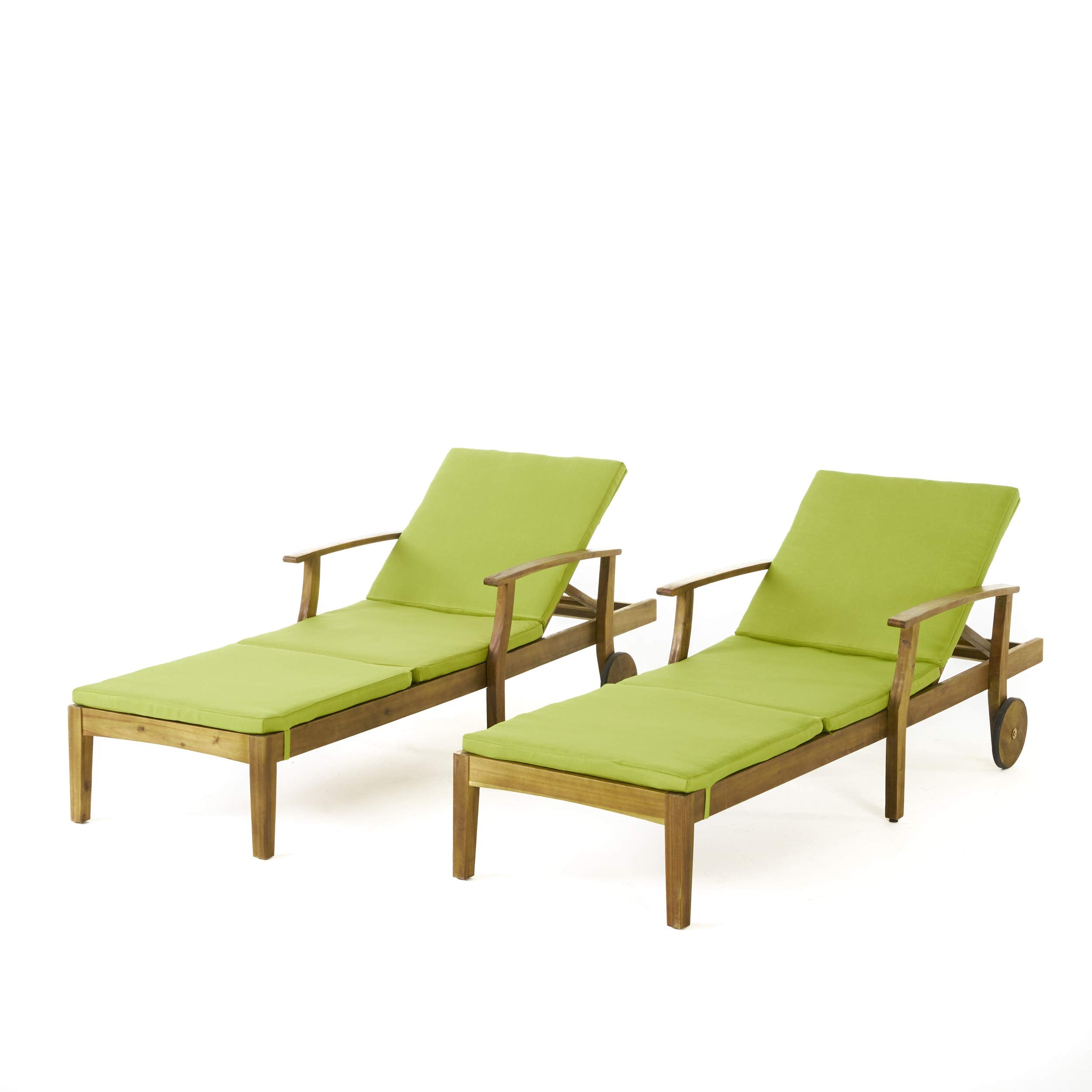 Great Deal Furniture Daisy Outdoor Teak Finish Chaise Lounge with Green Water Resistant Cushion (Set of 2)