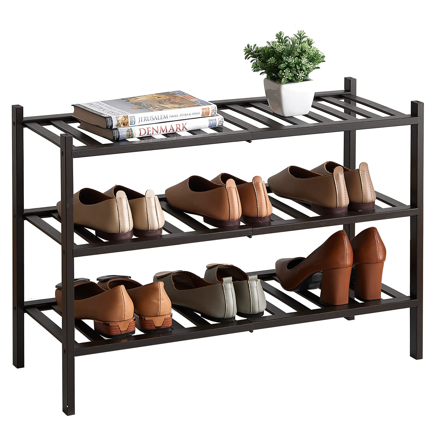 Furshus Shoe Rack, 3-Tier Bamboo Stackable Shoe Shelf Storage Organizer, Shoe Stand for Closet, Entryway and Hallway