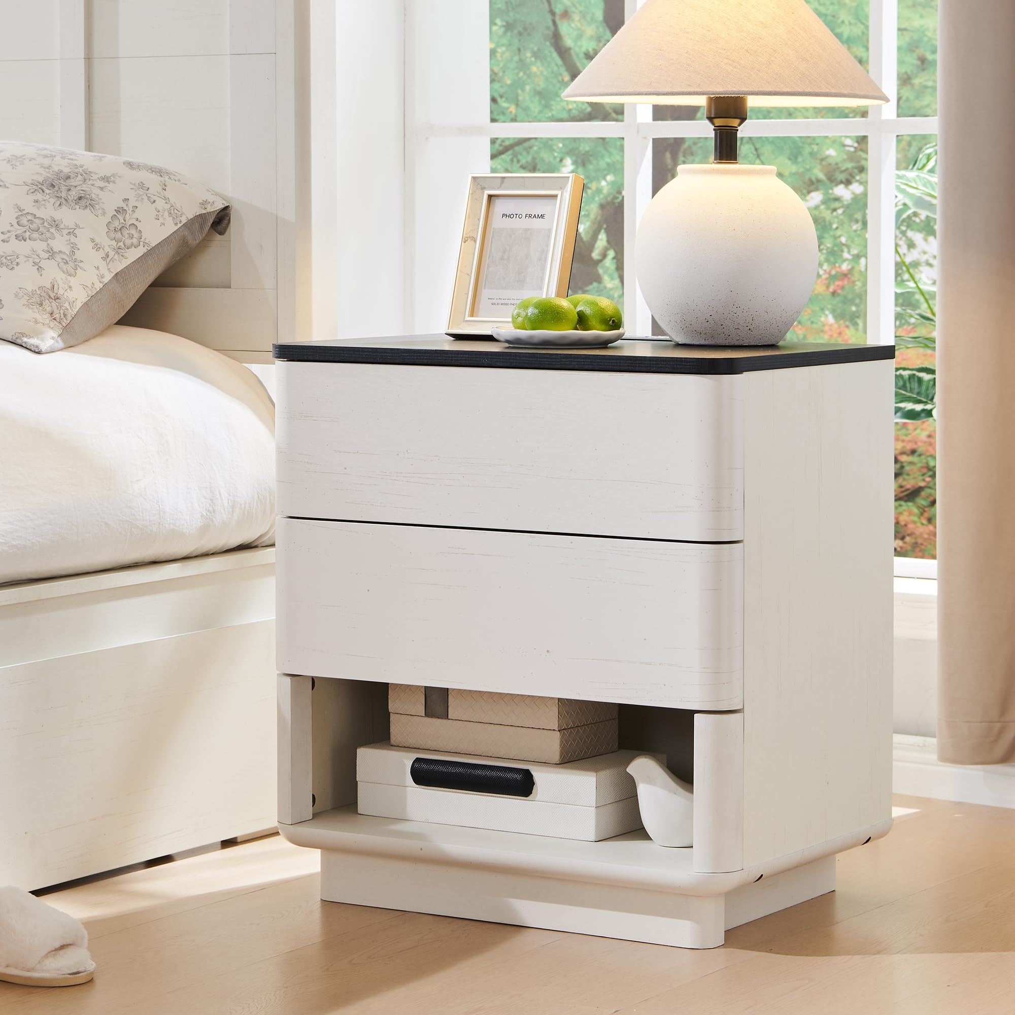 ACCOHOHO Nightstand with Charging Station, 22 Push-to-Open Bedside Table with 2 Storage Drawers, Large Modern End Table for Bedr