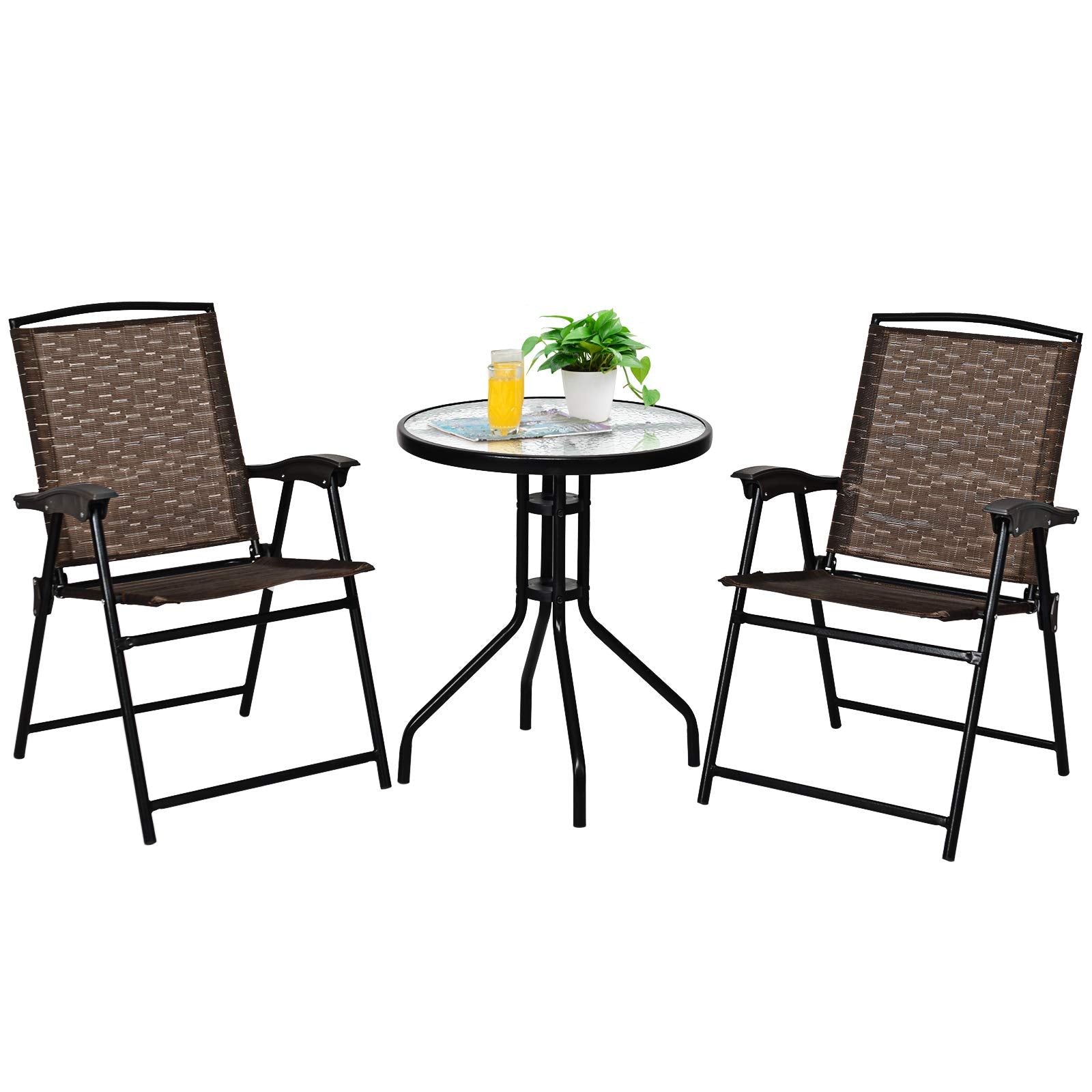 KOTEK Patio Bistro Set, 3 Piece Outdoor Furniture Set w/Round Table & 2 Folding Chairs, Tempered Glass Tabletop, Bistro Table an
