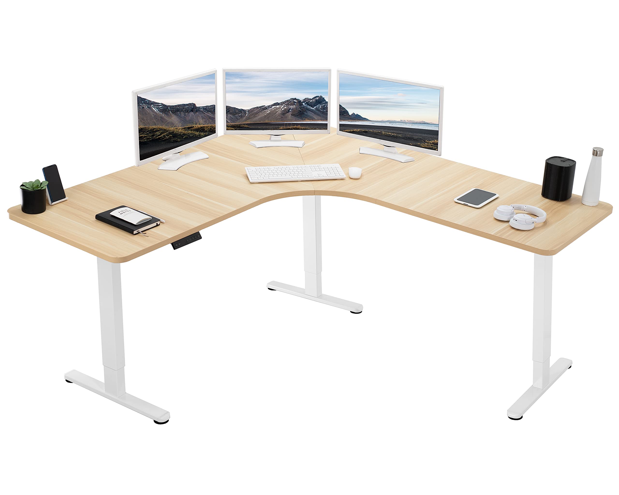 VIVO Electric Height Adjustable 71 x 71 inch Curved Corner Stand Up Desk, Light Wood Table Top, White Frame, Memory Controller, 