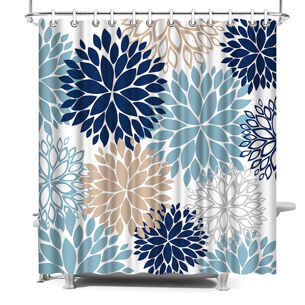 ArtBones Navy Blue Shower Curtain 72x72inch Blue Dahlia Flower Shower Curtain Bathroom Decor, Polyester Fabric Bath Curtain