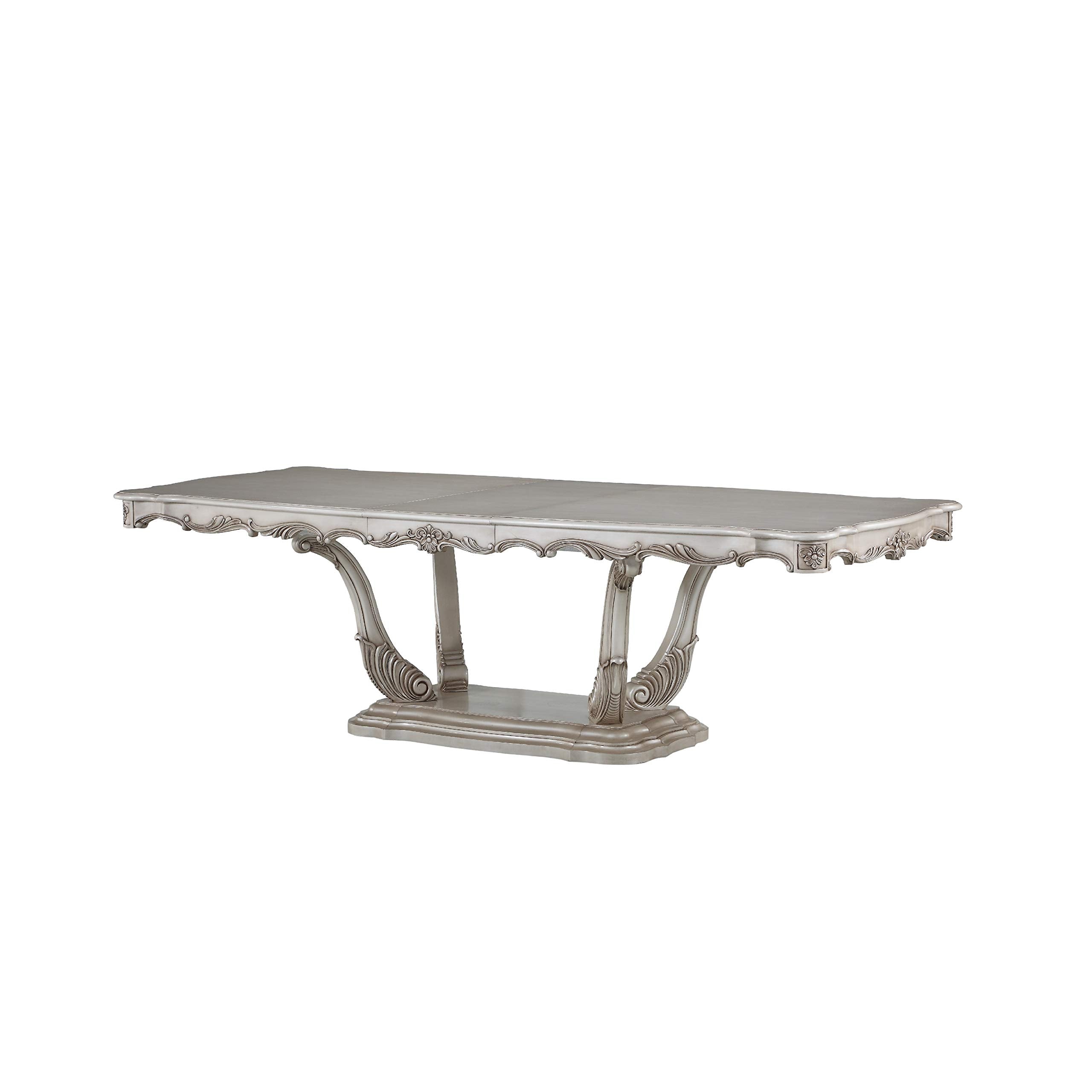 Benjara Traditional Style Dining Table with Scrolled Floral Motifs, Cream
