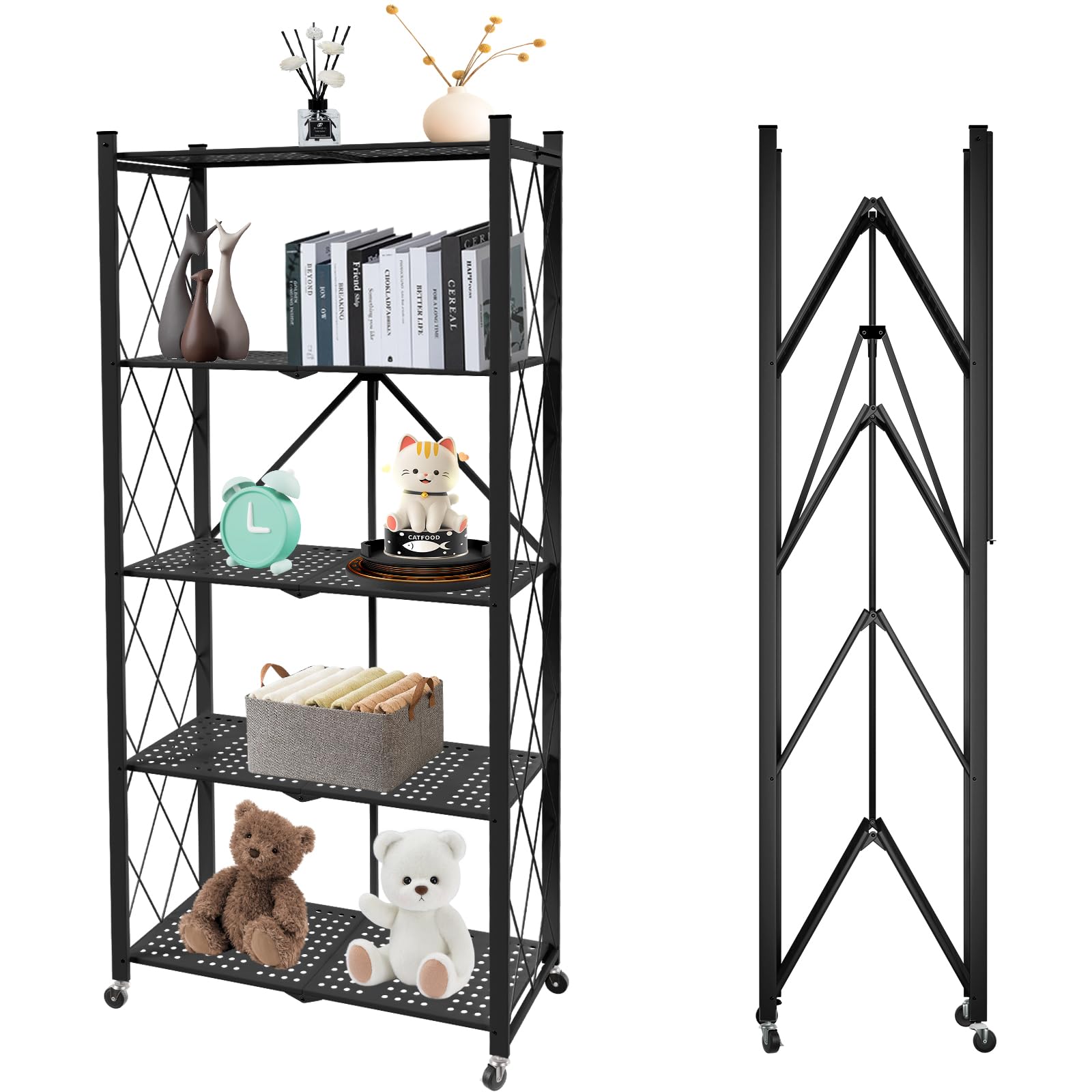 5 Tier Folding Shelf with Wheels,Metal Steel Collapsible Shelves,No Assembly Portable Shelves Organizer Rack,Rolling Standing Ut