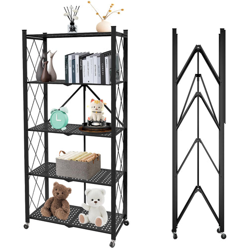 5 Tier Folding Shelf with Wheels,Metal Steel Collapsible Shelves,No Assembly Portable Shelves Organizer Rack,Rolling Standing Ut