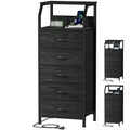 Furnulem 5 Drawers Dresser with Charging Station, Fabric Chest of Drawers with Open Shelf, Tall Night Stand, Bedside Table for C