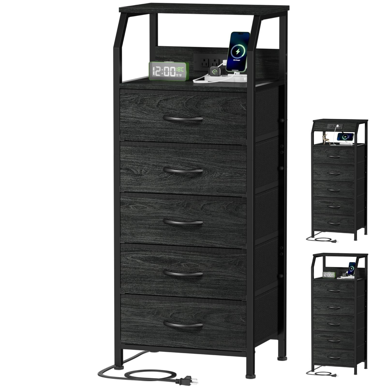 Furnulem 5 Drawers Dresser with Charging Station, Fabric Chest of Drawers with Open Shelf, Tall Night Stand, Bedside Table for C