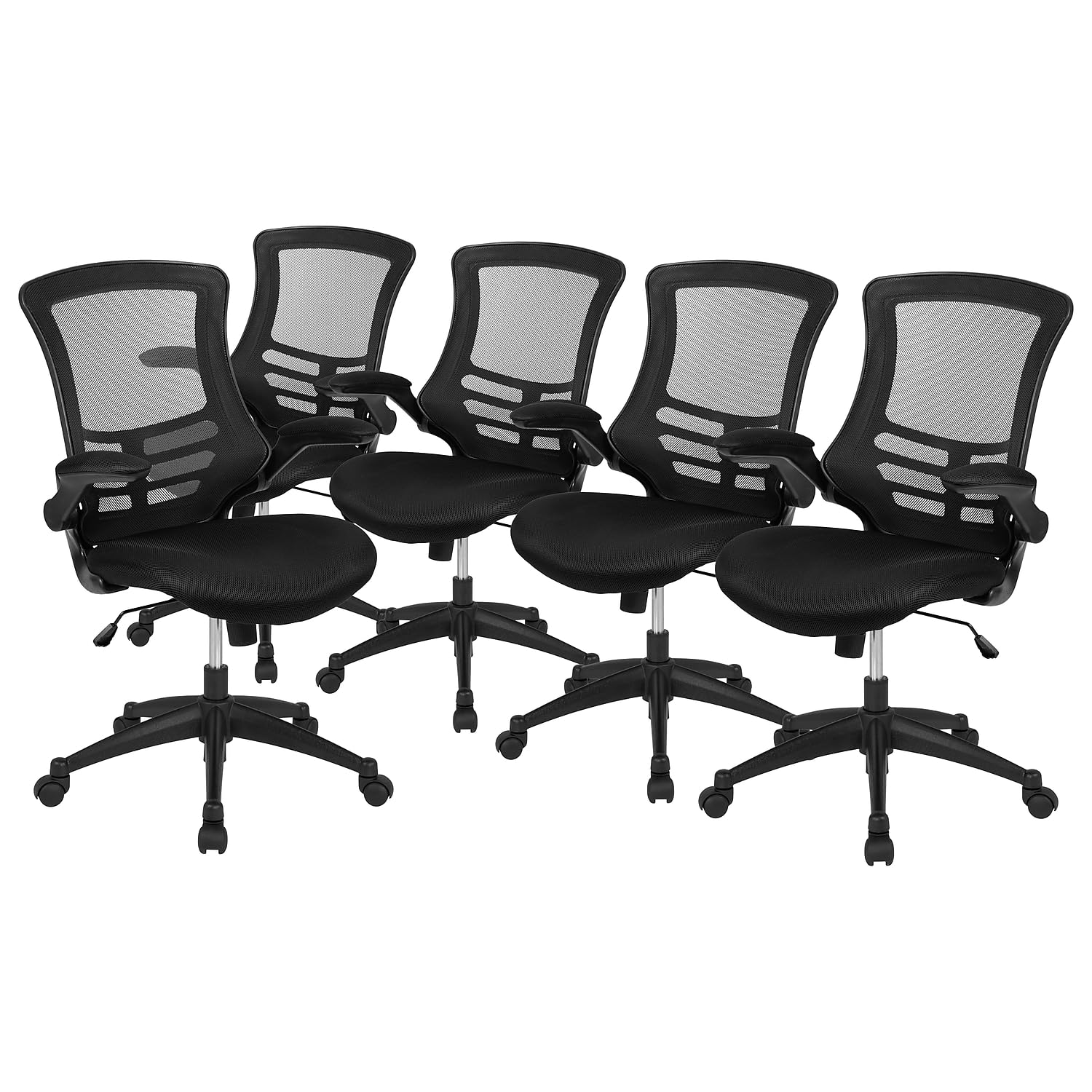 Flash Furniture Kelista Mid-Back Swivel Ergonomic Task Office Chair with Flip-Up Arms, BIFMA Certified-Set of 5, Black Mesh