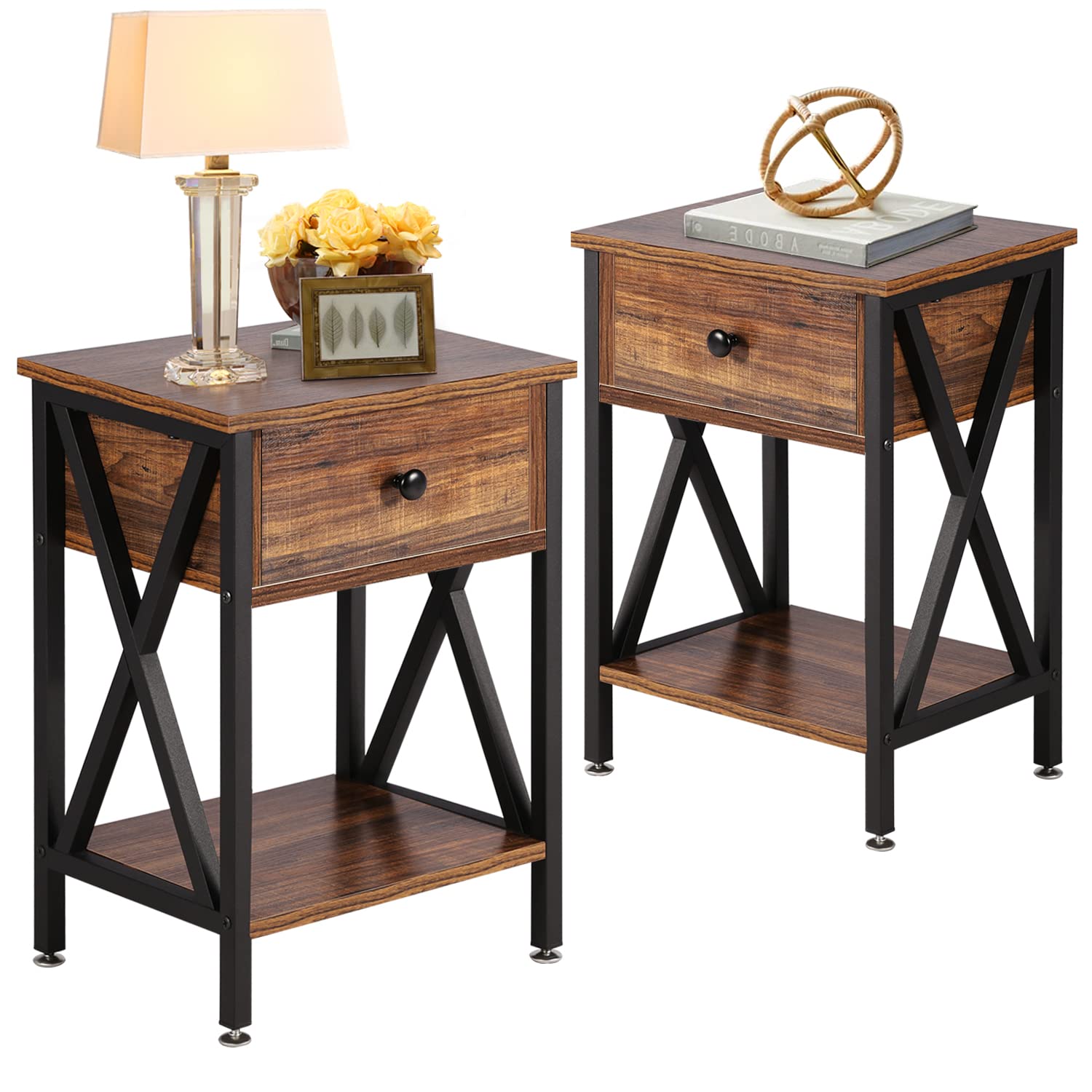 VECELO Nightstands, Modern End Side Tables,Night Stand Set of 2 with Drawer &Storage Shelf for Bedroom Living Room Office Lounge