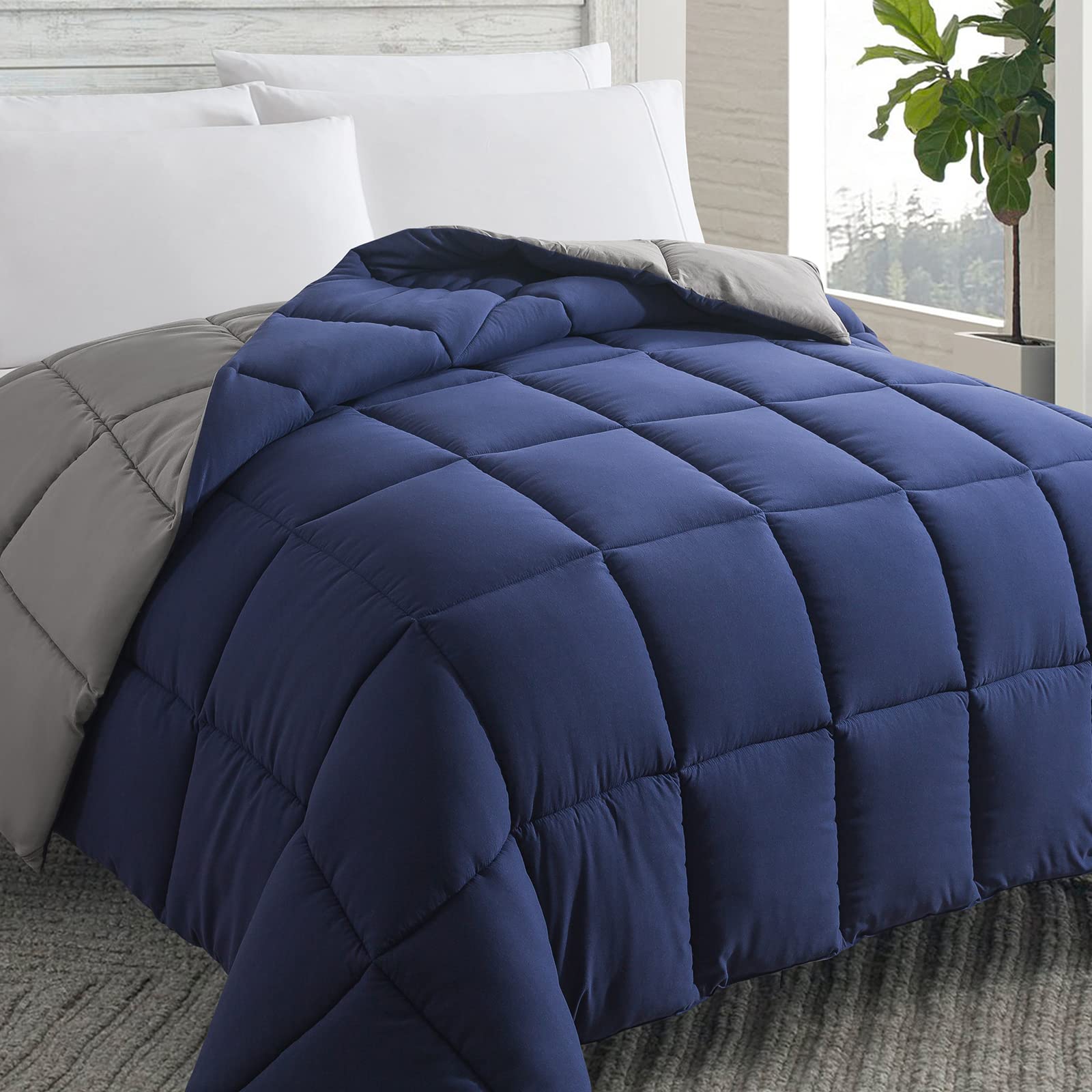 Cosybay Down Alternative Comforter (Blue/Grey, Queen) - All Season Soft Quilted Queen Size Bed Comforter - Duvet Insert with Cor