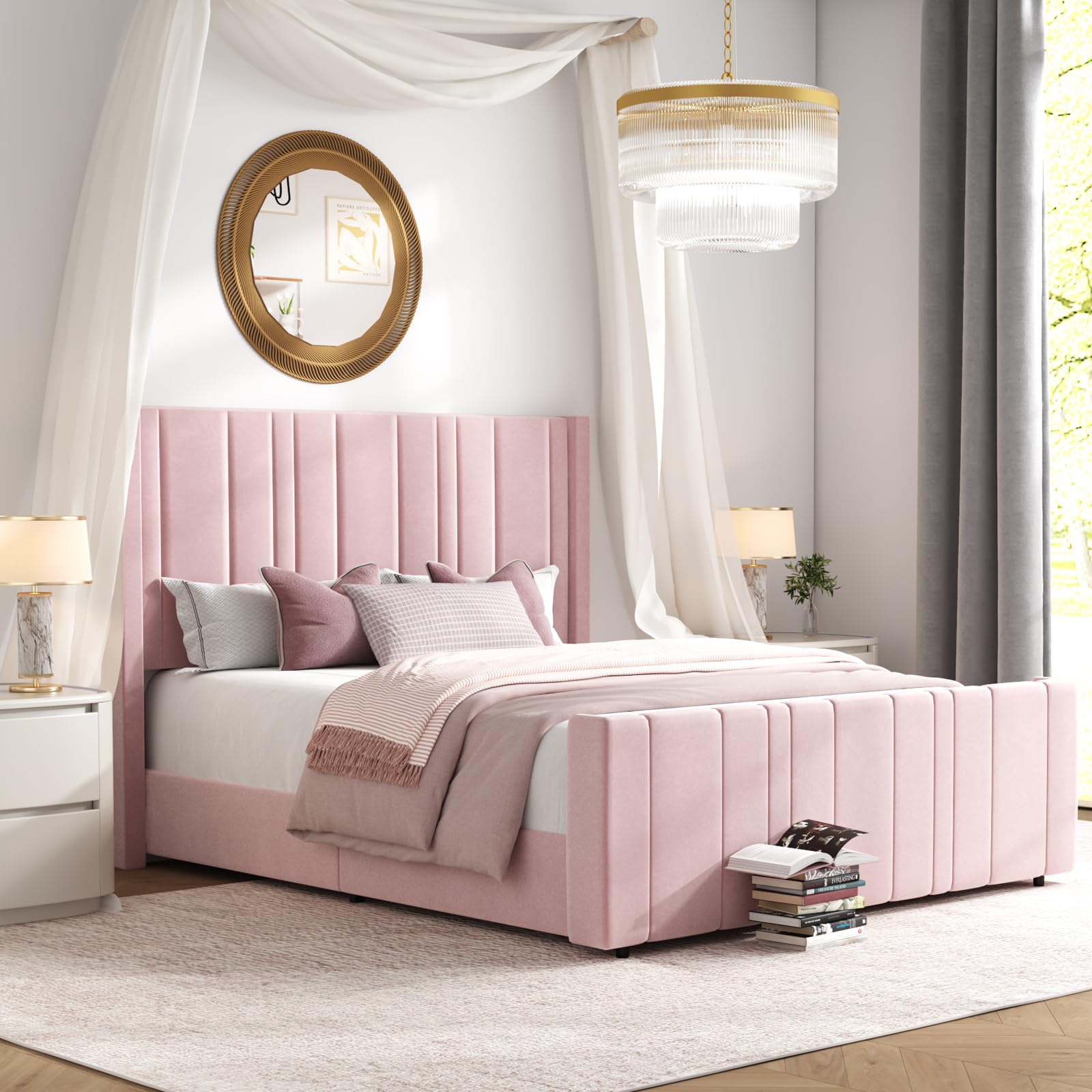 HOMBCK Pink Full Size Bed Frame Upholstered Bed with Velvet Tufted Headboard & Footboard, Mattress Foundation/Wooden Slats/Noise