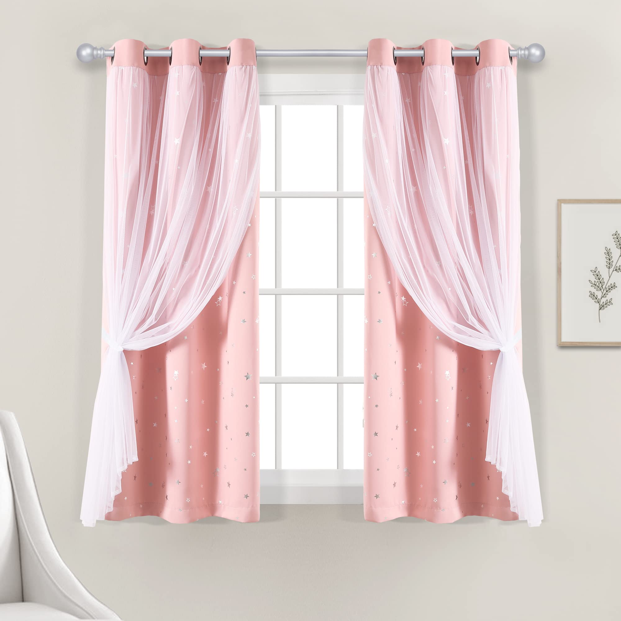 Lush Decor Star Sheer Insulated Grommet Blackout Window Curtain Panel Pair, 63 L x 38 W, Pink