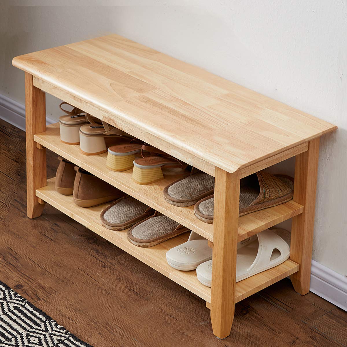 XKZG Storage Bench Wooden Shoe Rack Bench Simple Style Wood Entryway Bench (Natural,31.5)