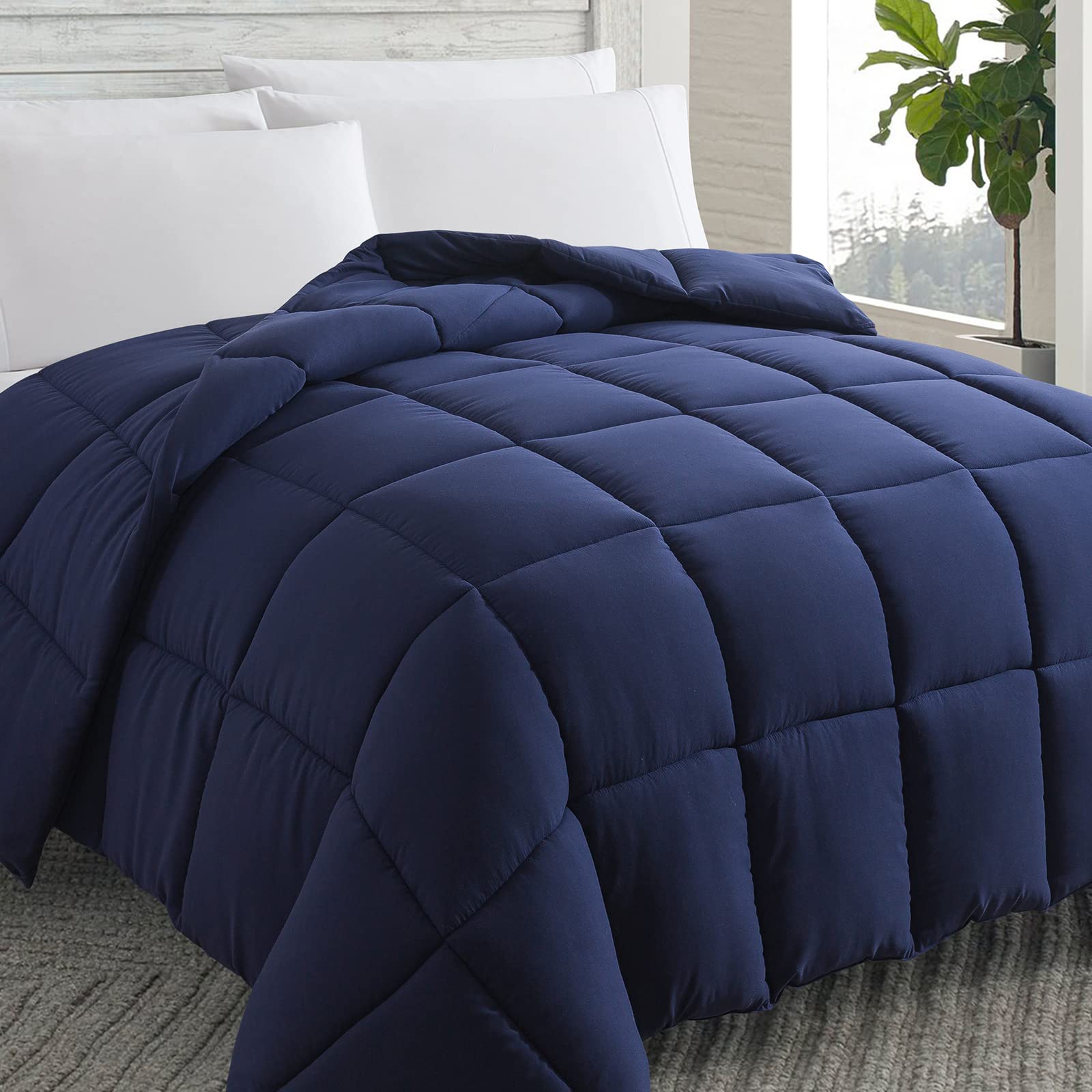 Cosybay Down Alternative Comforter (Navy Blue, King) - All Season Soft Quilted King Size Bed Comforter - Duvet Insert with Corne