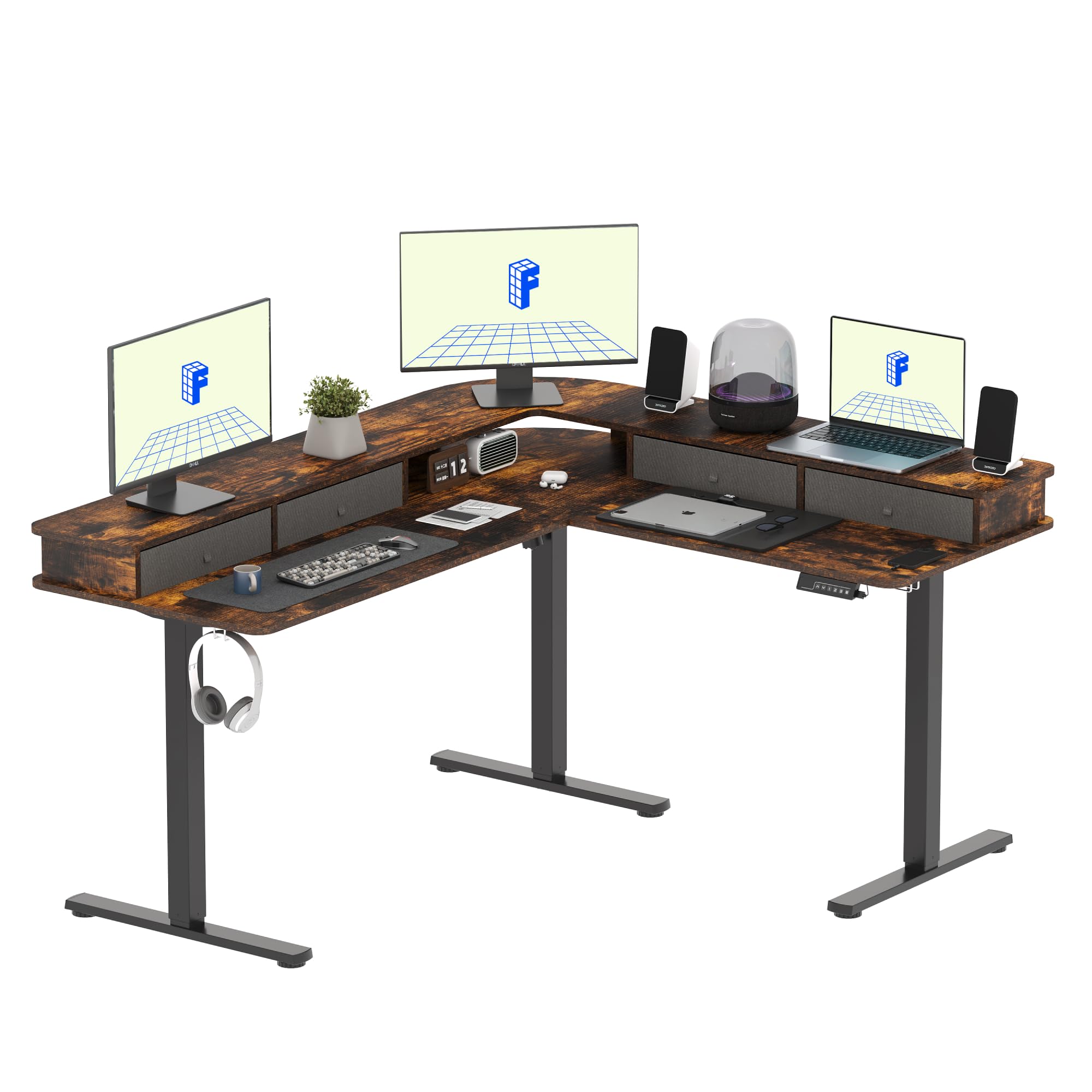 FLEXISPOT 63 L Shaped Standing Desk Electric Corner Table with Shelf, 4 Storage Drawers, Adjustable Computer Workstation for H