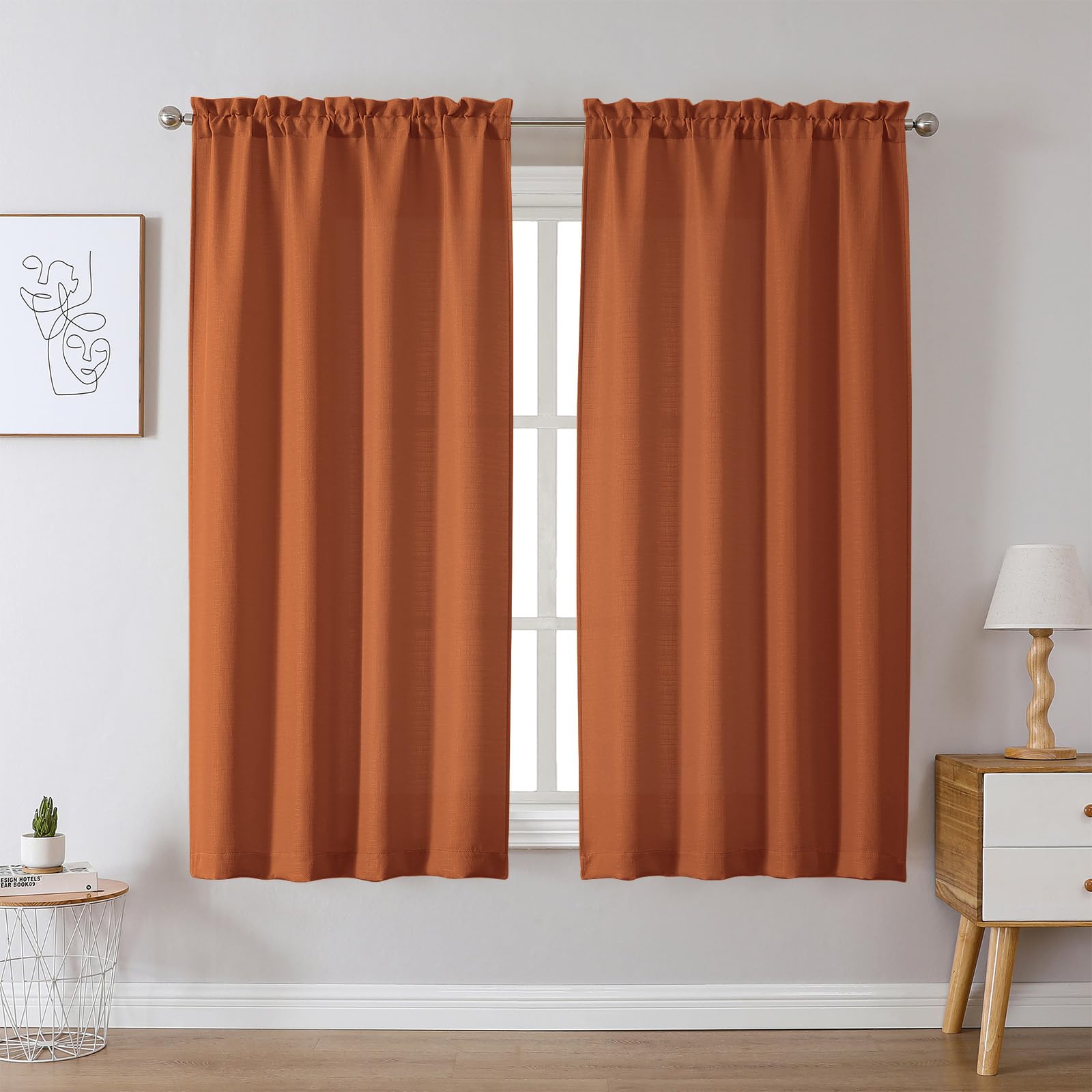Chyhomenyc Orange Curtains 63 Inch Length 2 Panels, Faux Linen Textured Semi Sheer Light Filtering Soft Airy Rod Pocket Window T