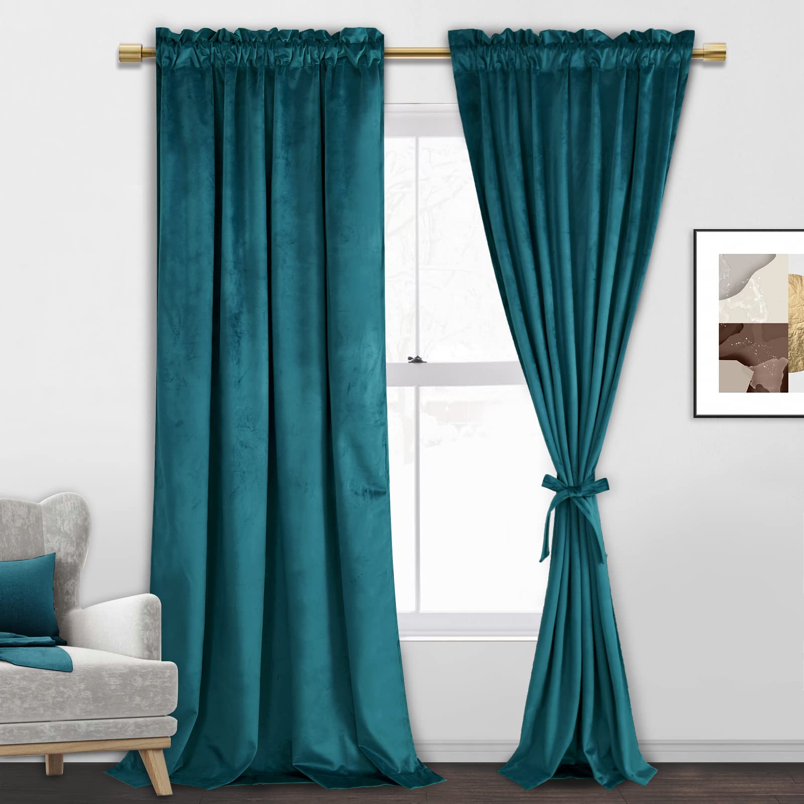JIUZHEN Teal Velvet Curtains 84 inch Length for Bedroom Blackout Thermal Insulated Room Darkening Rod Pocket Drapes, Set of 2 Pa