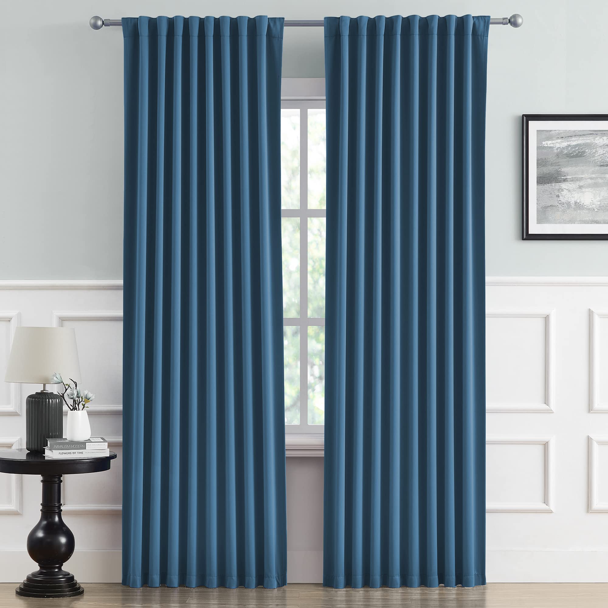 DUALIFE Denim Blue Blackout Curtain Panels 84 Inch Length 2 Panels Set - Back Tab Curtains for Boys Bedroom Thermal Insulated Li
