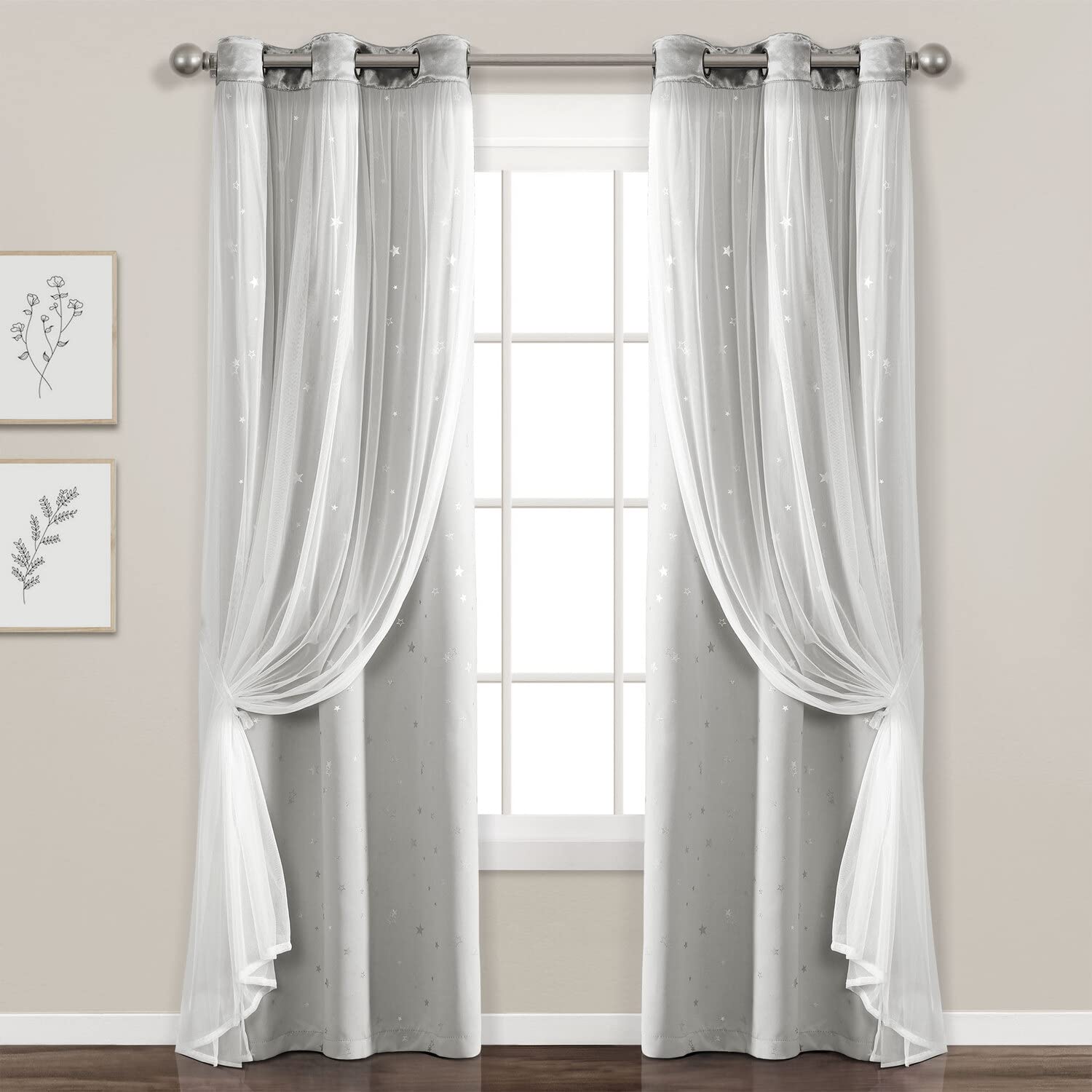 Lush Decor Star Sheer Insulated Grommet Blackout Window Curtain Panel Pair, 84 L x 38 W, Light Gray