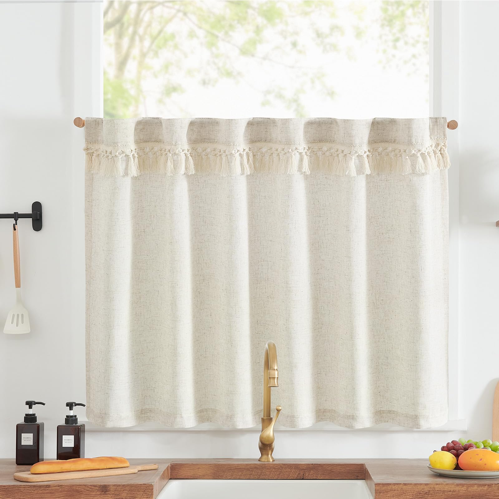 jinchan Linen Kitchen Curtain with Tassels 36 Inch Boho Tier Curtain Beige Farmhouse Cafe Curtain Light Filtering Small Window C