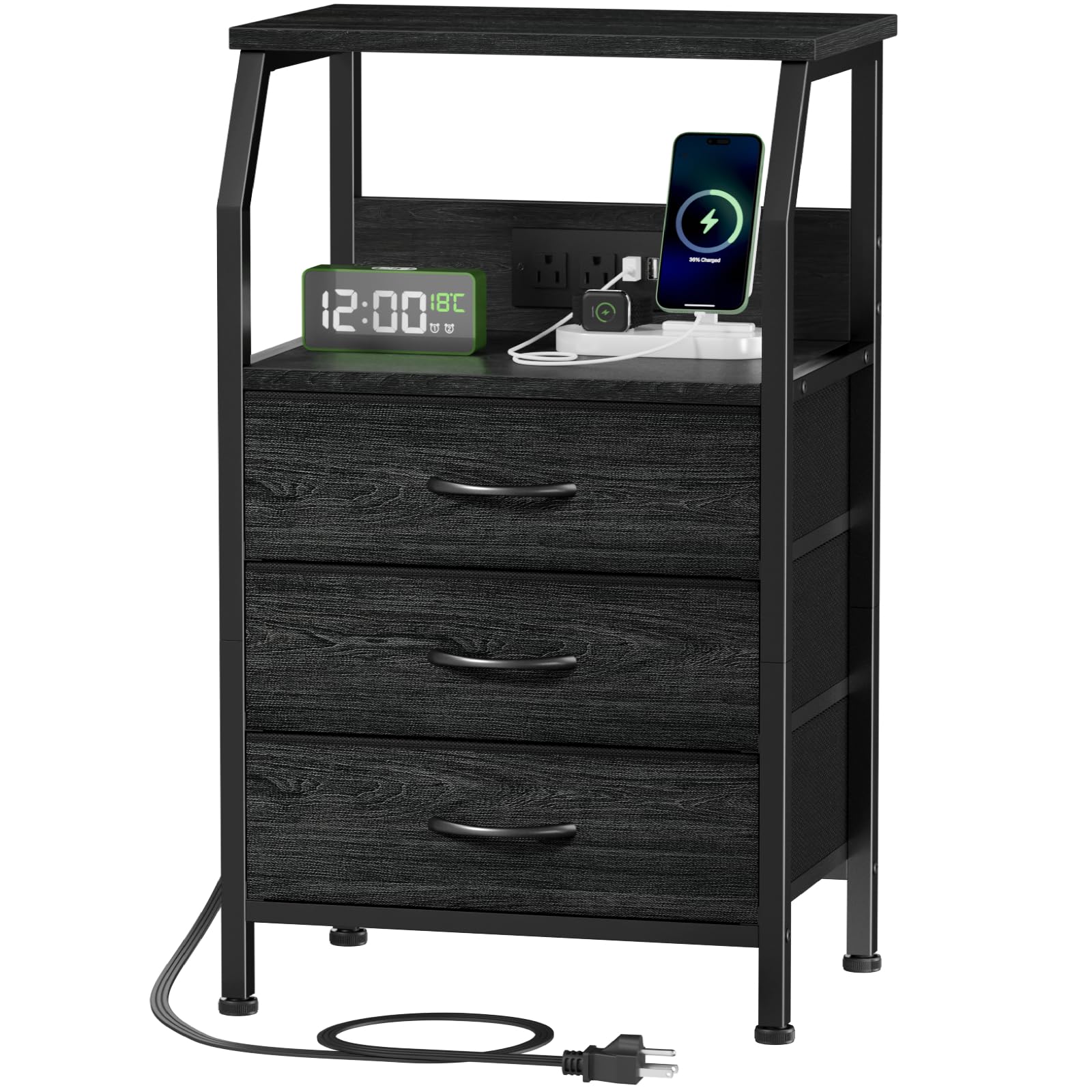 Furnulem Night Stand with Charging Station, 28.3 Inch Tall Side Table with Fabric Drawers and Storage Shelf, Bedside Table with 