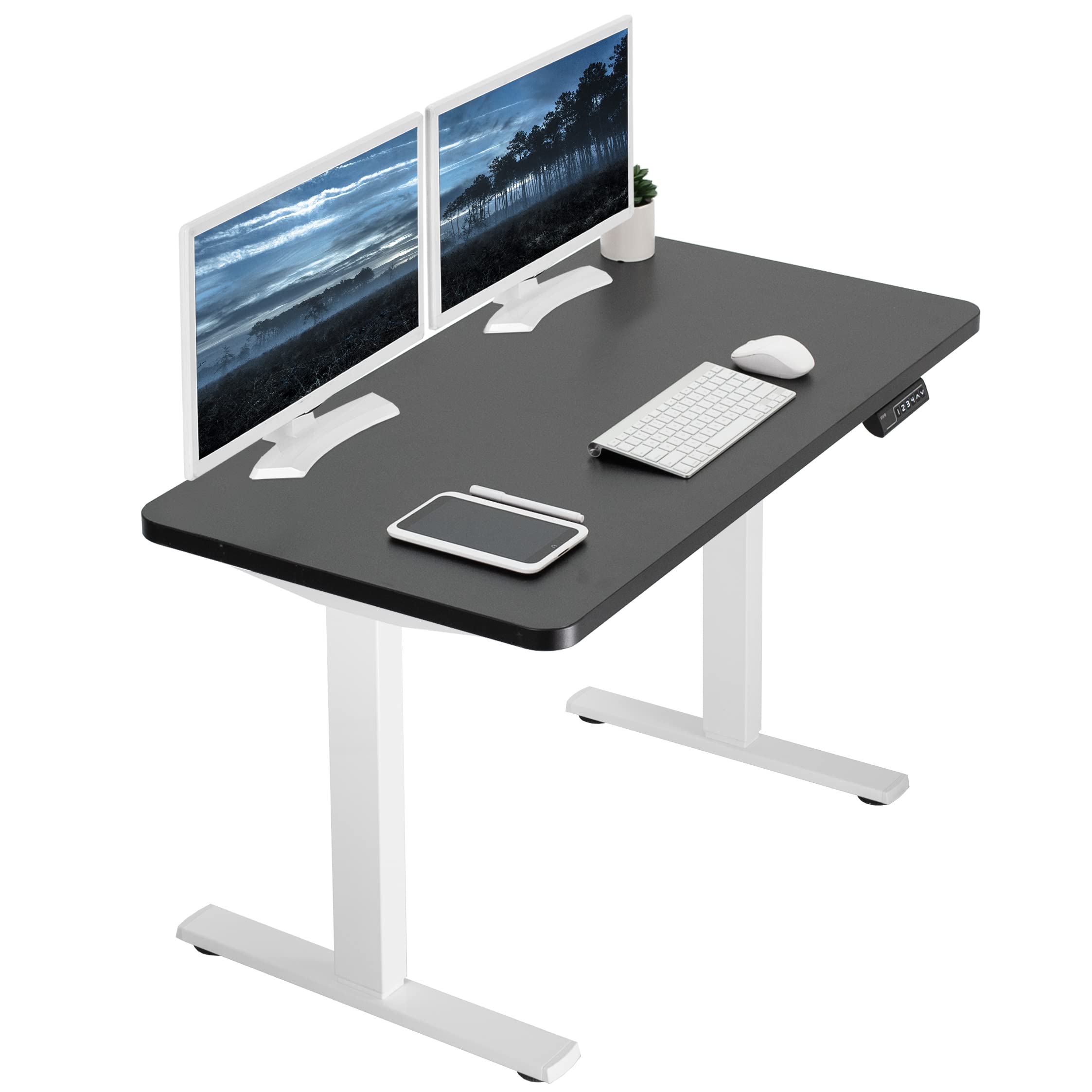 VIVO Electric Height Adjustable 43 x 24 inch Memory Stand Up Desk, Black Solid One-Piece Table Top, White Frame, Standing Workst