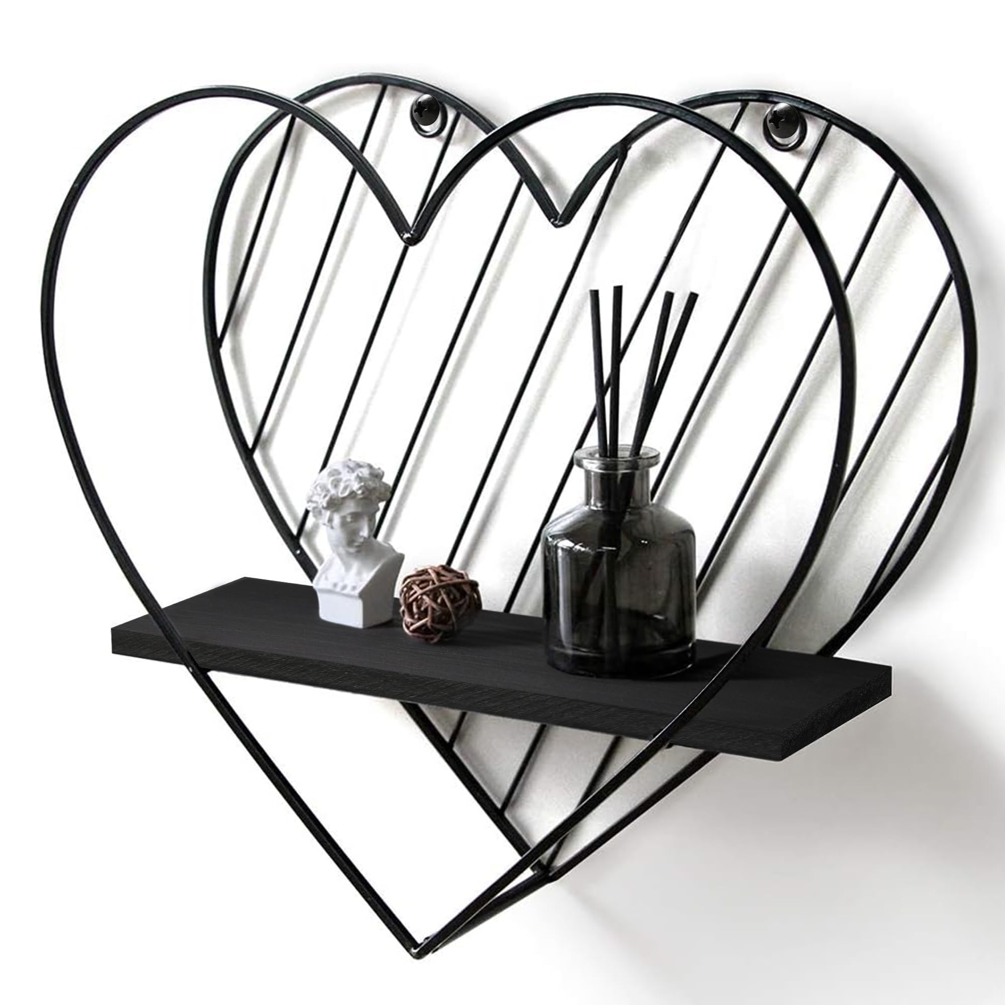 Afuly Floating Shelves - Black Wall Shelf, Heart Shaped Modern Minimalist Storage Rack Organizer for Bedroom, Bathroom, Living R
