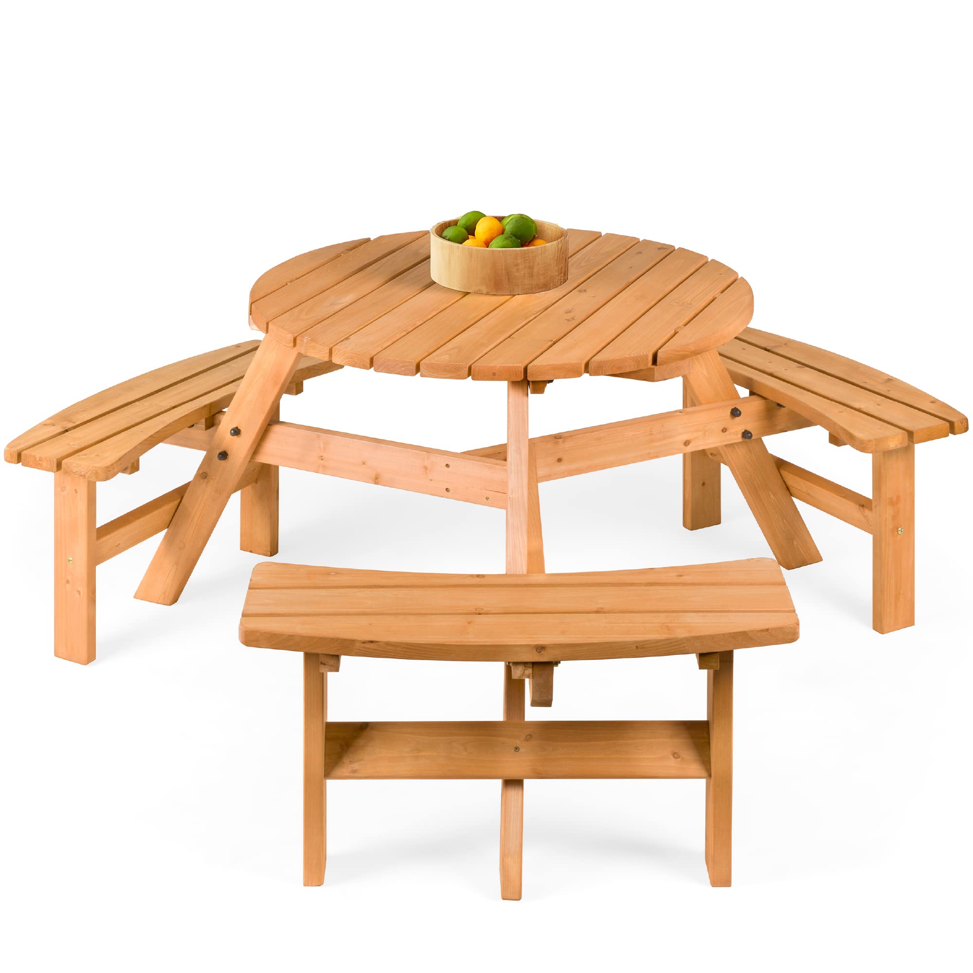 Best Choice Products 6-Person Circular Outdoor Wooden Picnic Table for Patio, Backyard, Garden, DIY w/ 3 Built-in Benches, 500lb