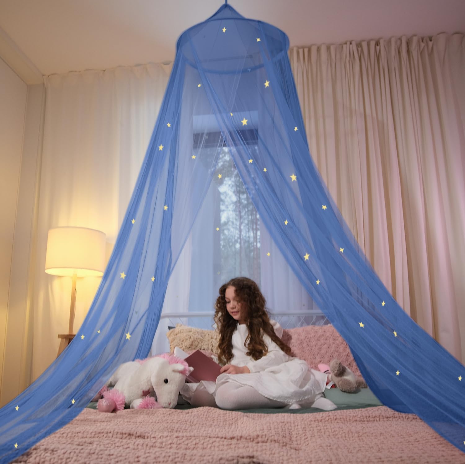 Blue Canopy Bed, Blue Bed Canopy with Glow in The Dark Stars for Girls, Boys, Kids and Babies, Net Use to Cover The Baby, Kid, G