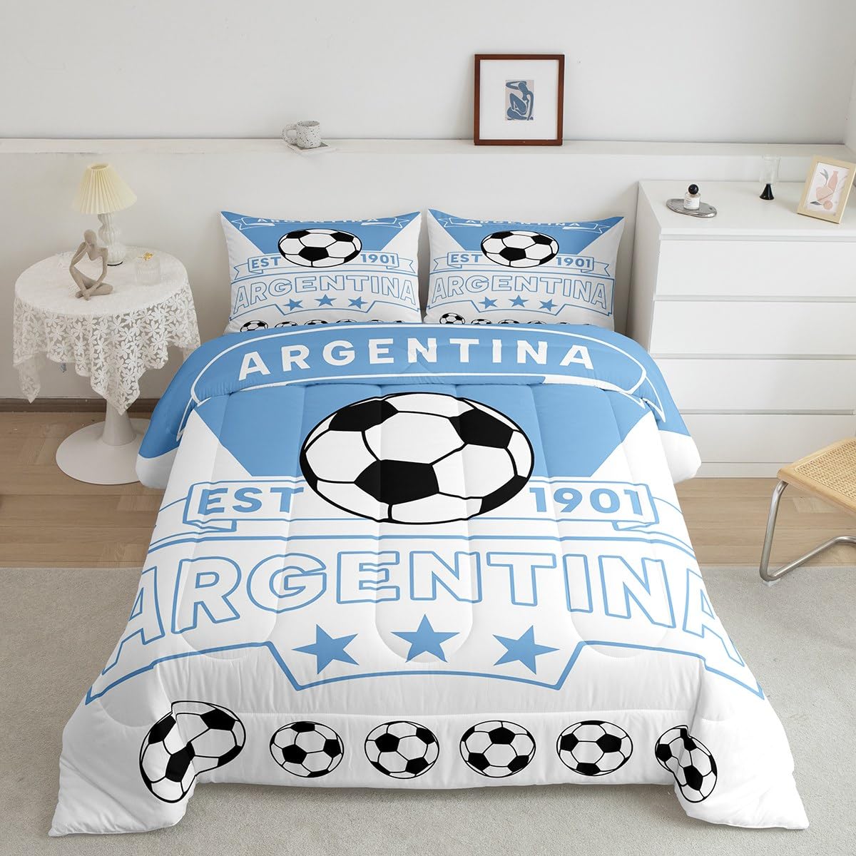 Feelyou Football Sport Bedding Set Queen Size Soccer Theme for Kids Boys Comforter Set Argentina Football Teens Duvet Set Blue W