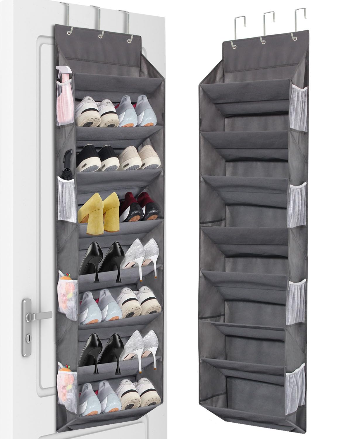 Miracsnail Over the Door Shoe Organizer Hanging with 8 Mesh Pockets 8 Wire Large Deep Pockets, 50lbs Weight Capacity Fits 16 Pai