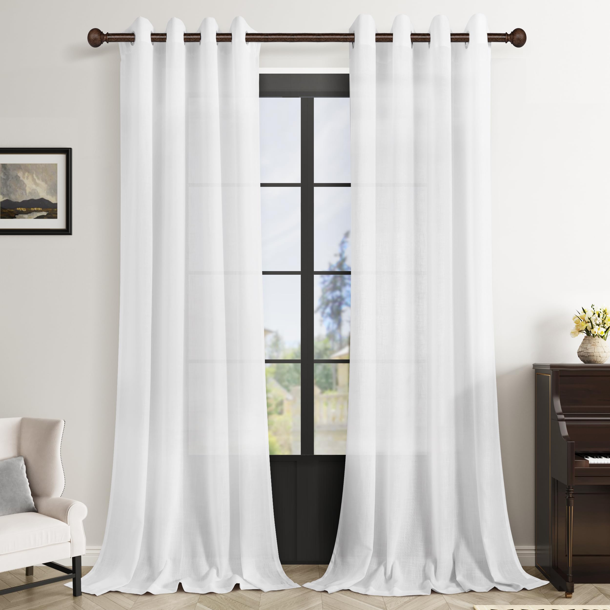 White Curtains 90 Inches Long for Living Room Set of 2 Grommet Lightweight Cotton Linen Drape Elegant Neutral Boho Semi Sheer Wi