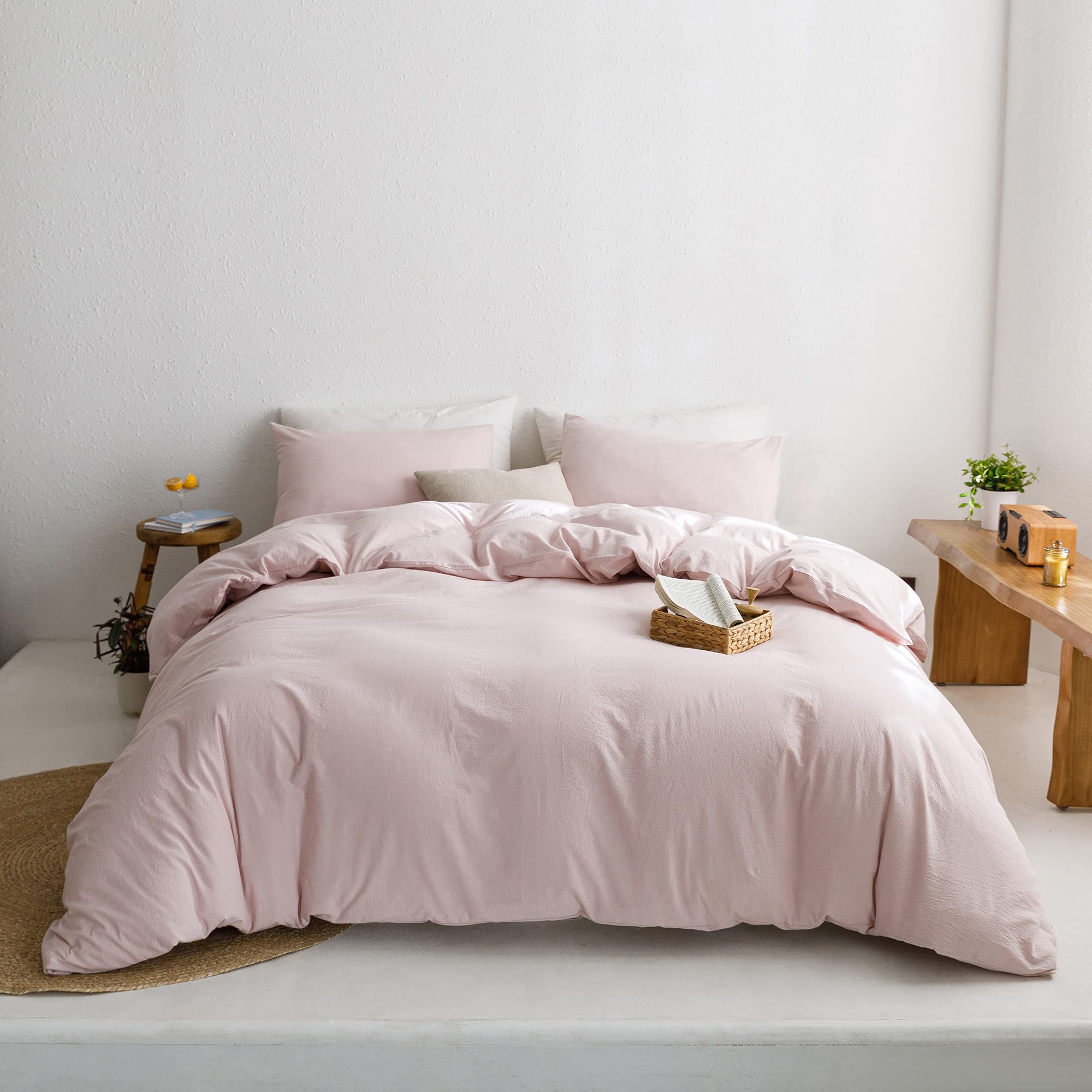 ECOCOTT Pink Duvet Cover King Size - 100% Washed Cotton Durable Soft Comfy Duvet Cover Set, 3 Pieces Duvet Cover with Zipper Clo